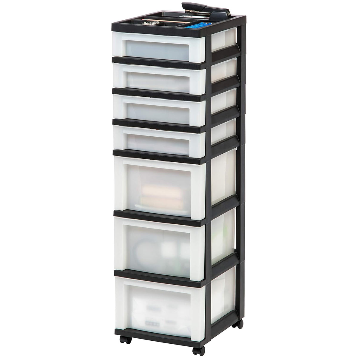 IRIS USA 2 Pack 7-Drawer Plastic Storage Organizer Cart & Caster Wheels, Black