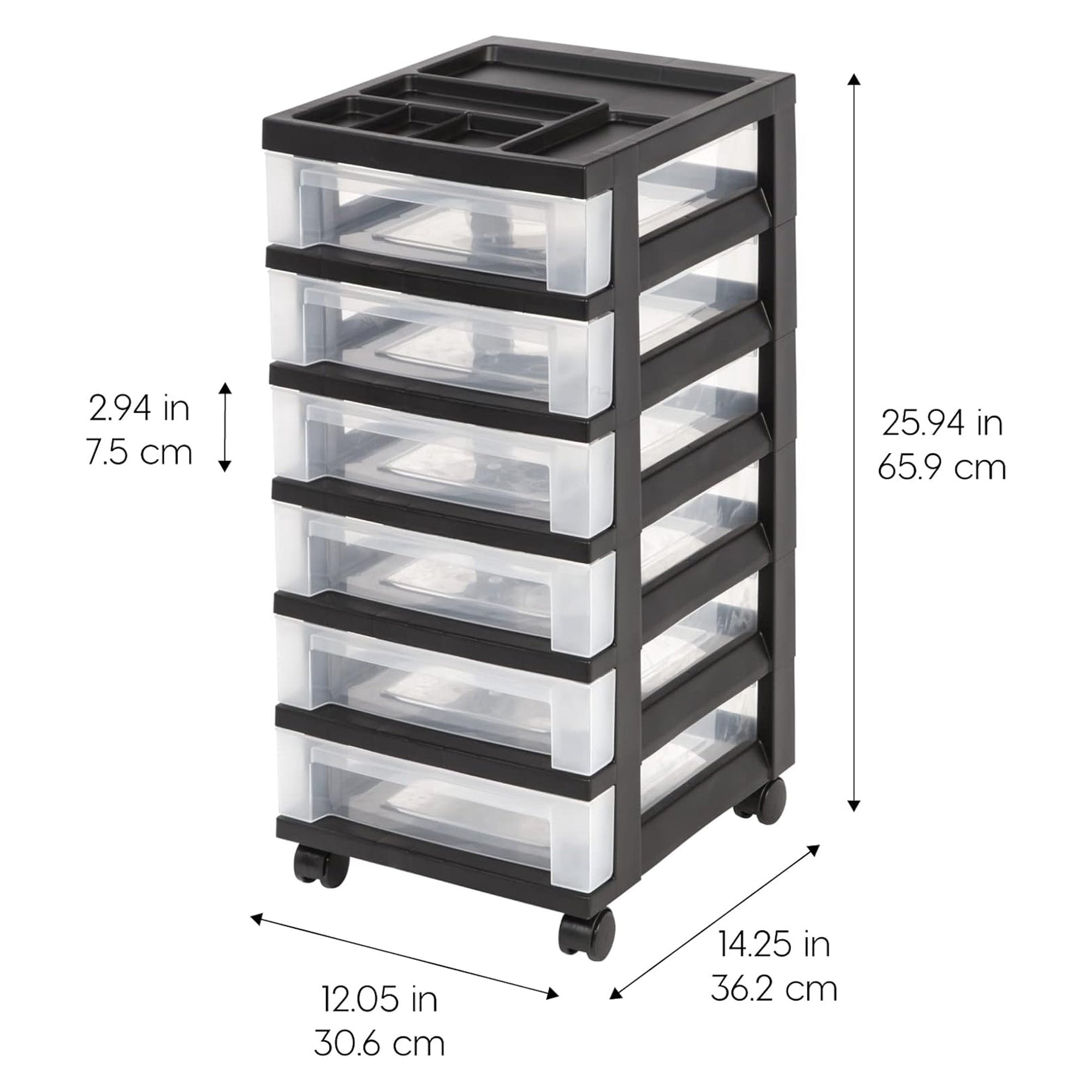 IRIS USA 2 Pack 6-Drawer Plastic Storage Organizer Cart & Caster Wheels, Black