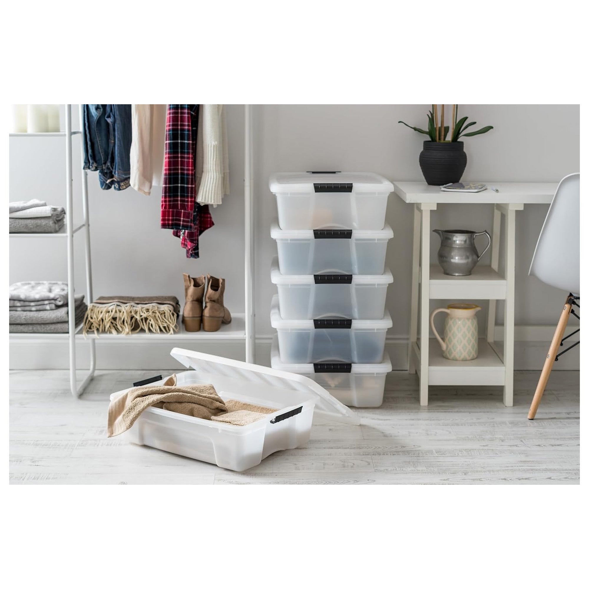 IRIS USA 12 Pack 27 Qt Plastic Storage Box with Lid, Stackable Design, Pearl