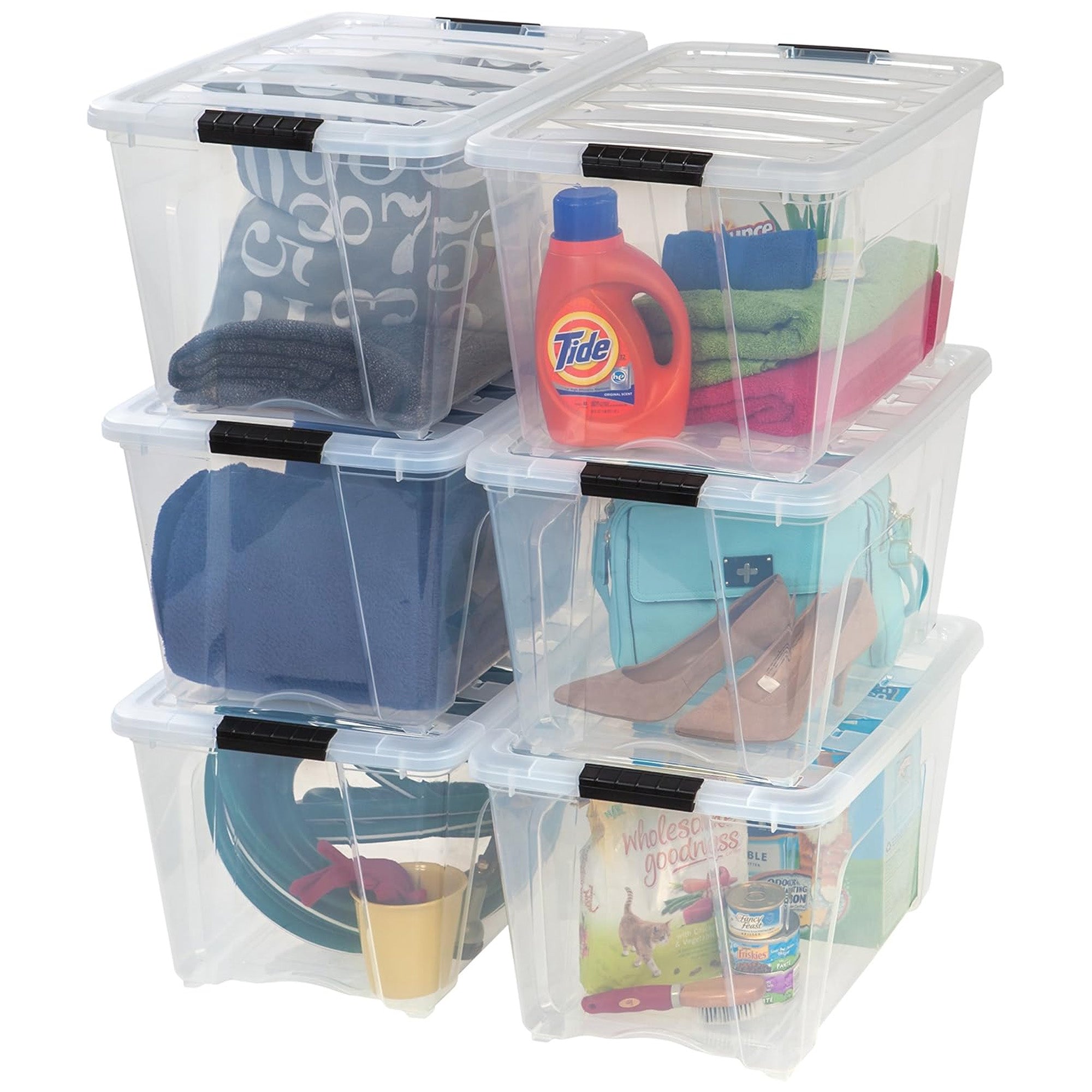 IRIS USA 6 Pack 54 Quart Stackable Plastic Storage Bins and Latching Lids, Clear - VMInnovations