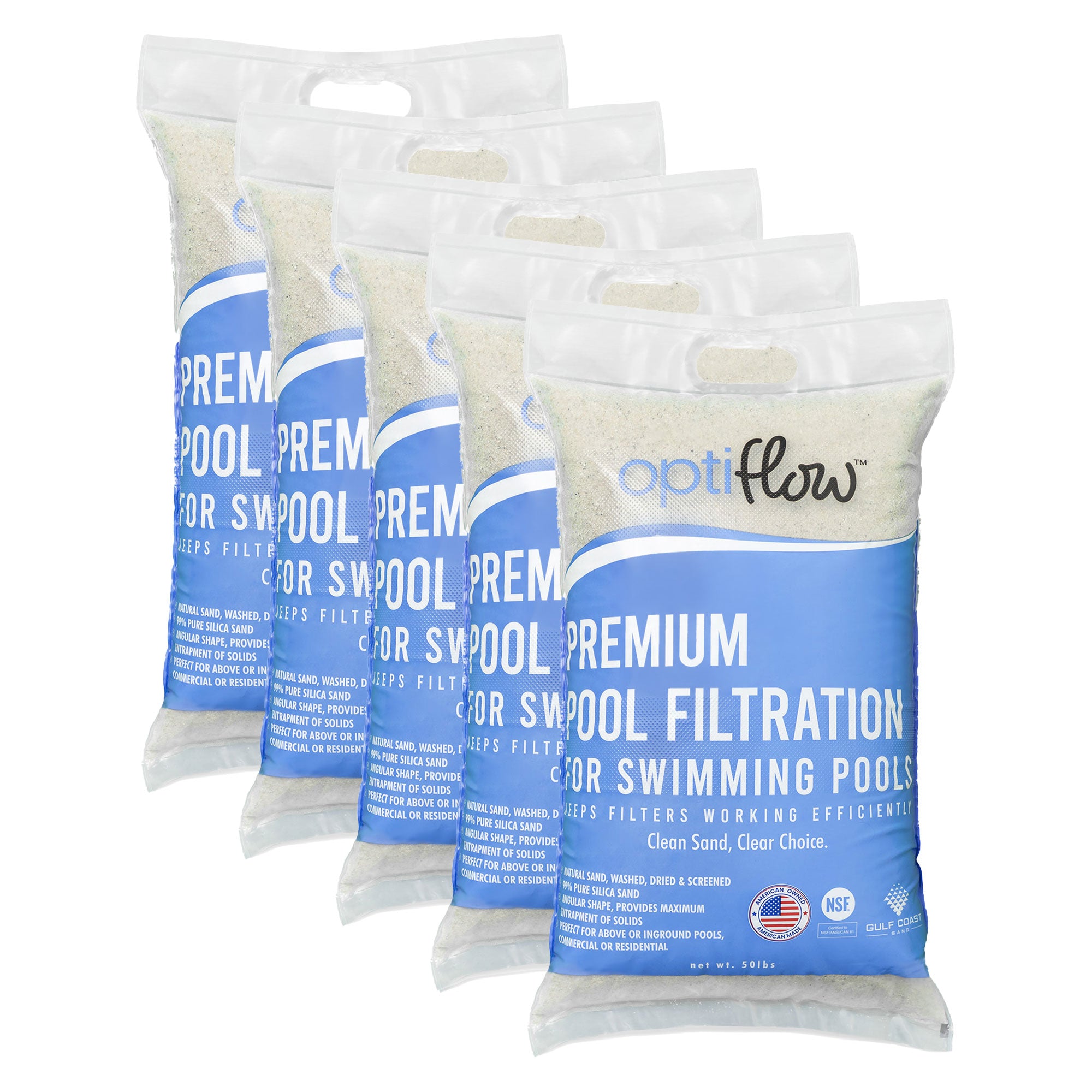 OptiFlow 50Lb Premium Pool Filtration Angular Sand w/Pure Silica Formula, 5 Pack - VMInnovations