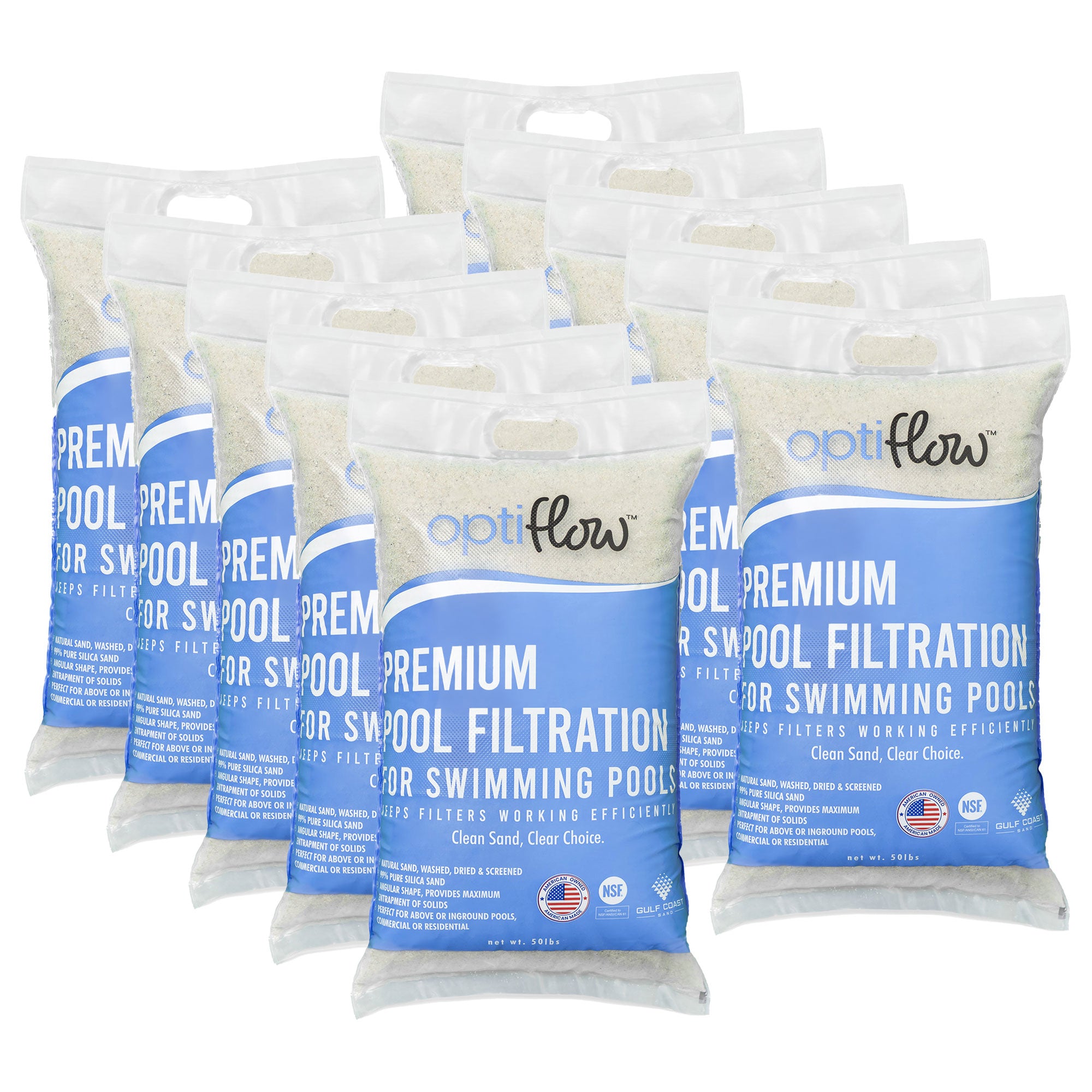 OptiFlow 50Lb Premium Pool Filtration Angular Sand Pure Silica Formula, 10 Pack - VMInnovations
