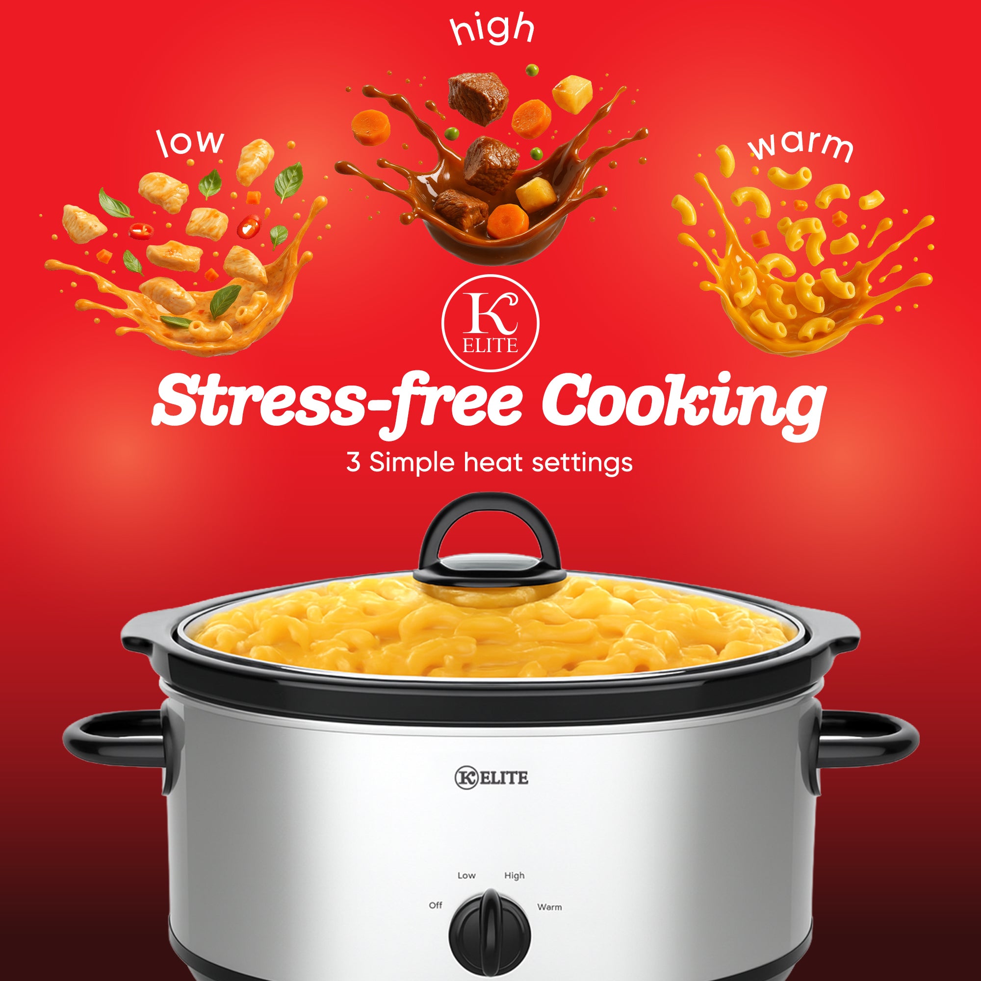 Kitchen Elite 6 Qt Slow Cooker, Stainless Steel Ceramic Crock Pot with Glass Lid - VMInnovations