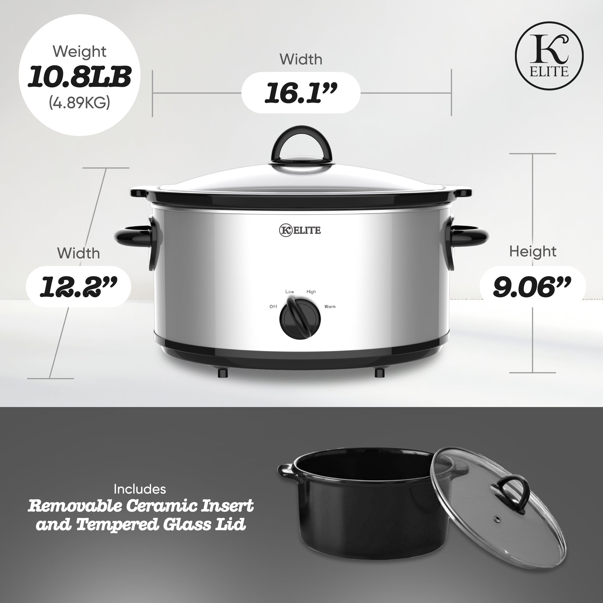 Kitchen Elite 6 Qt, Stainless Steel Ceramic Crock Pot w/Glass Lid (Open Box) - VMInnovations