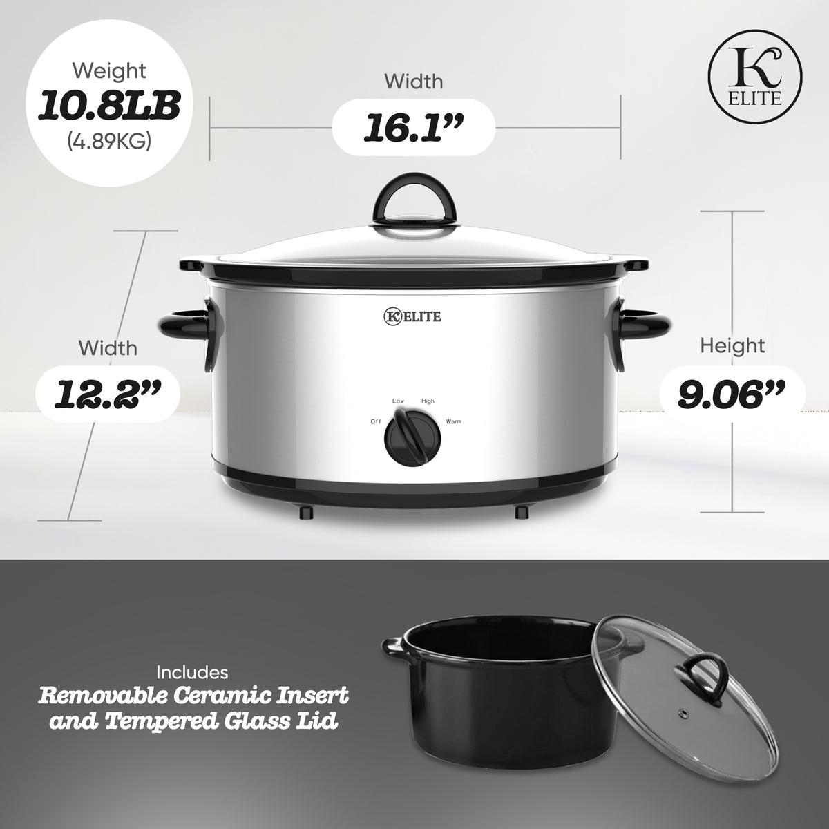 Kitchen Elite 6 Qt, Stainless Steel Ceramic Crock Pot w/Glass Lid (Open Box)