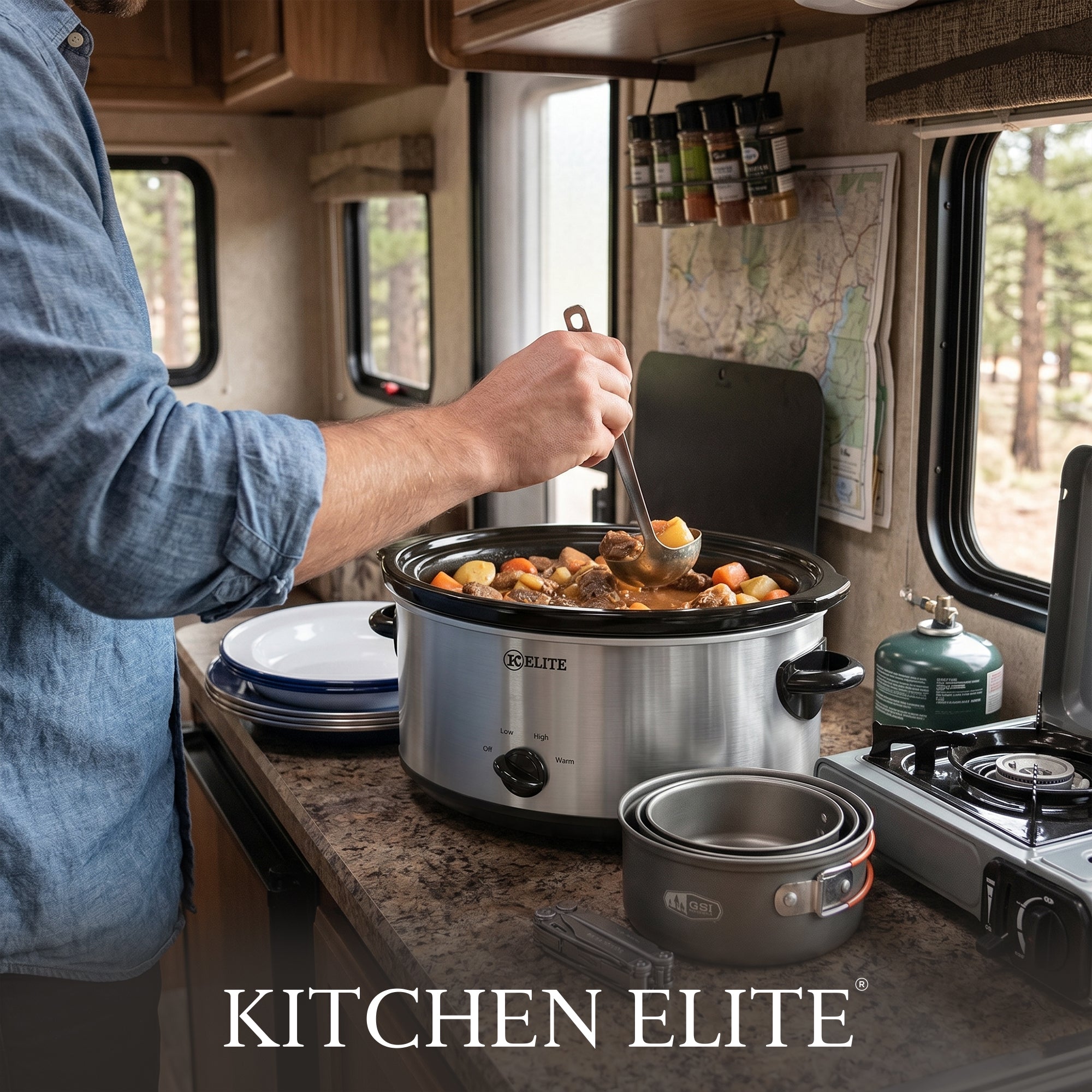 Kitchen Elite 6 Qt Slow Cooker, Stainless Steel Ceramic Crock Pot with Glass Lid