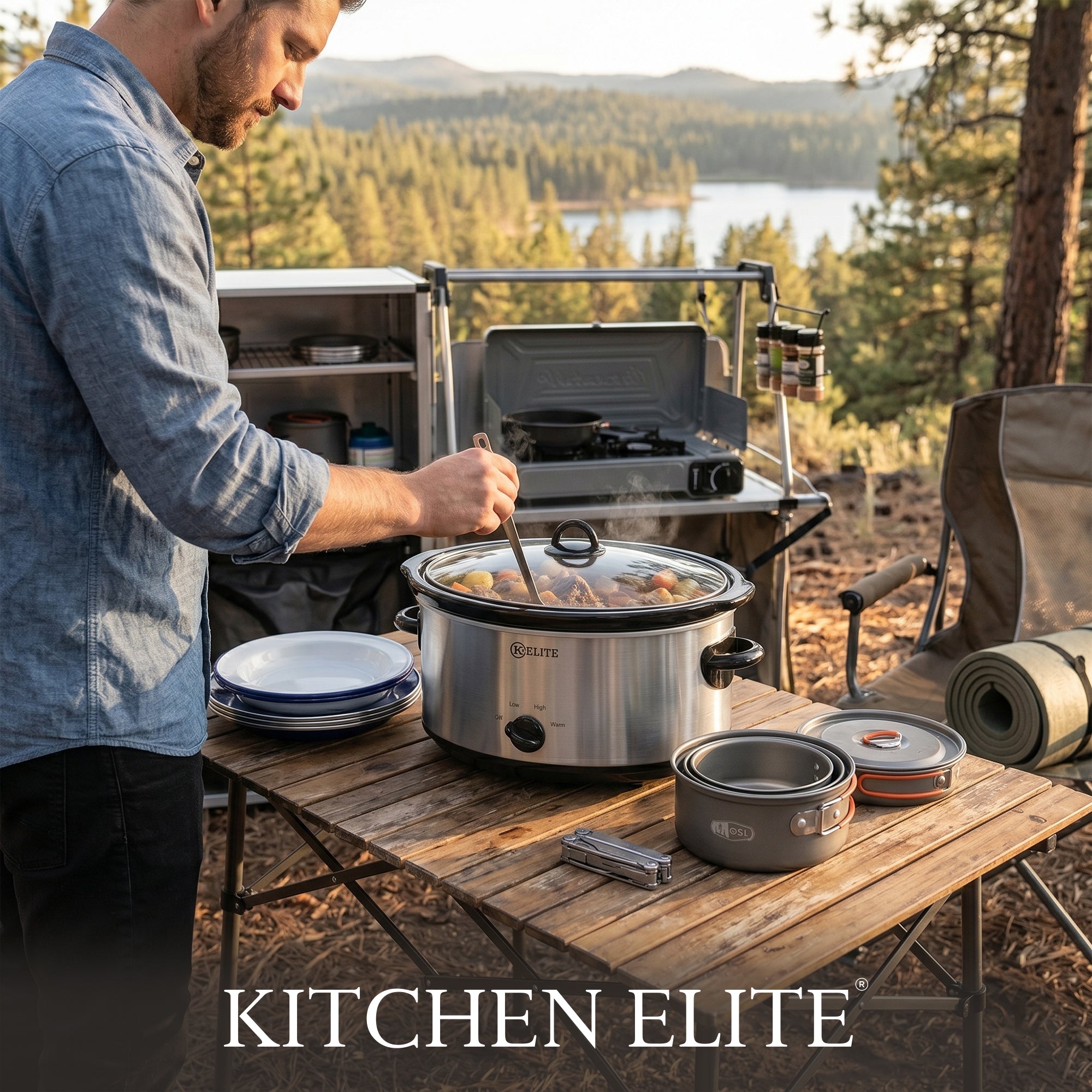 Kitchen Elite 6 Qt Slow Cooker, Stainless Steel Ceramic Crock Pot with Glass Lid