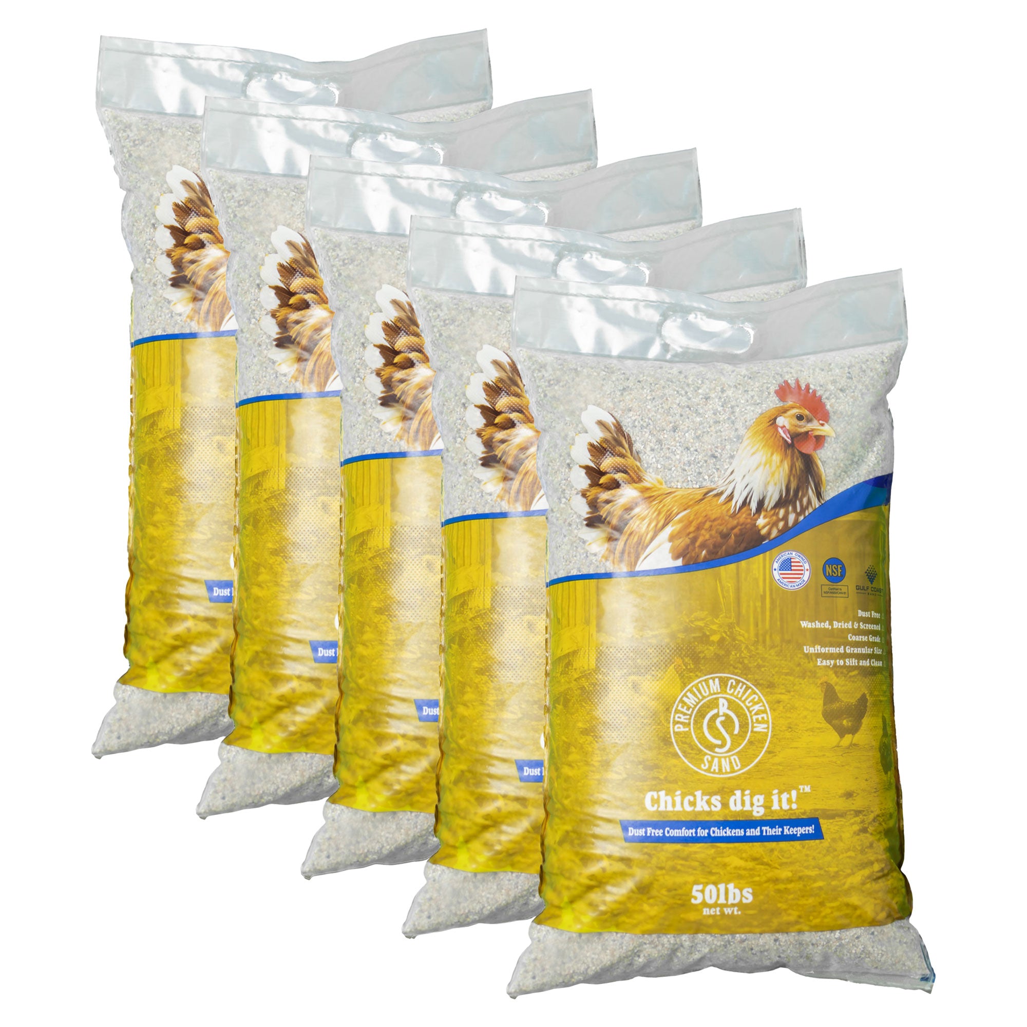 Premium Chicken Sand, Odor Eliminating Bedding for Coops, 50 Lb Bag, 5 Pack - VMInnovations