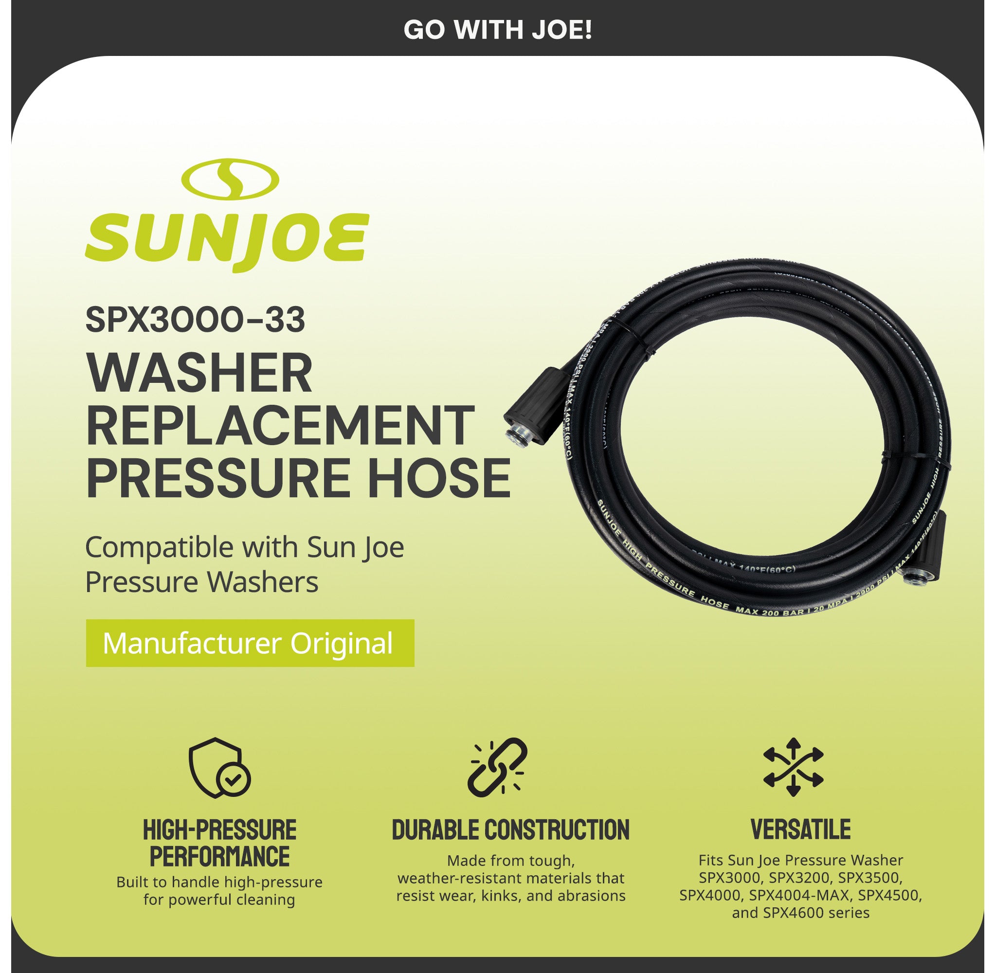Sun Joe Replacement High Pressure Hose for SPX Series Pressure Washers, Black