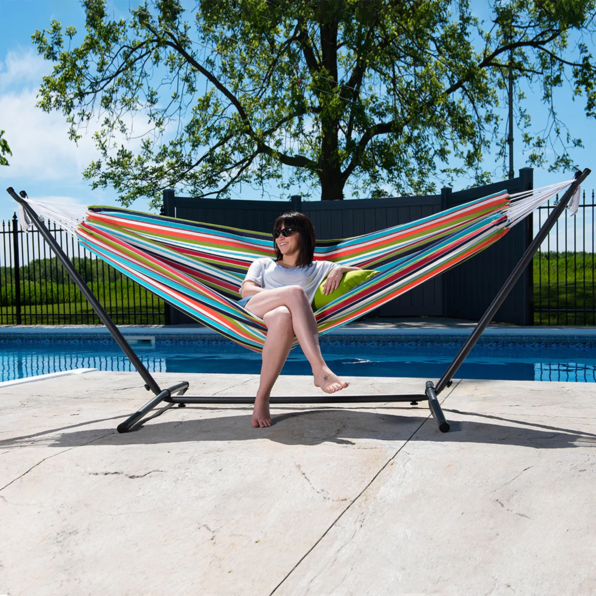 Vivere Double Sunbrella Hammock, Steel Stand, Portable Outdoor Lounge (Open Box) - VMInnovations