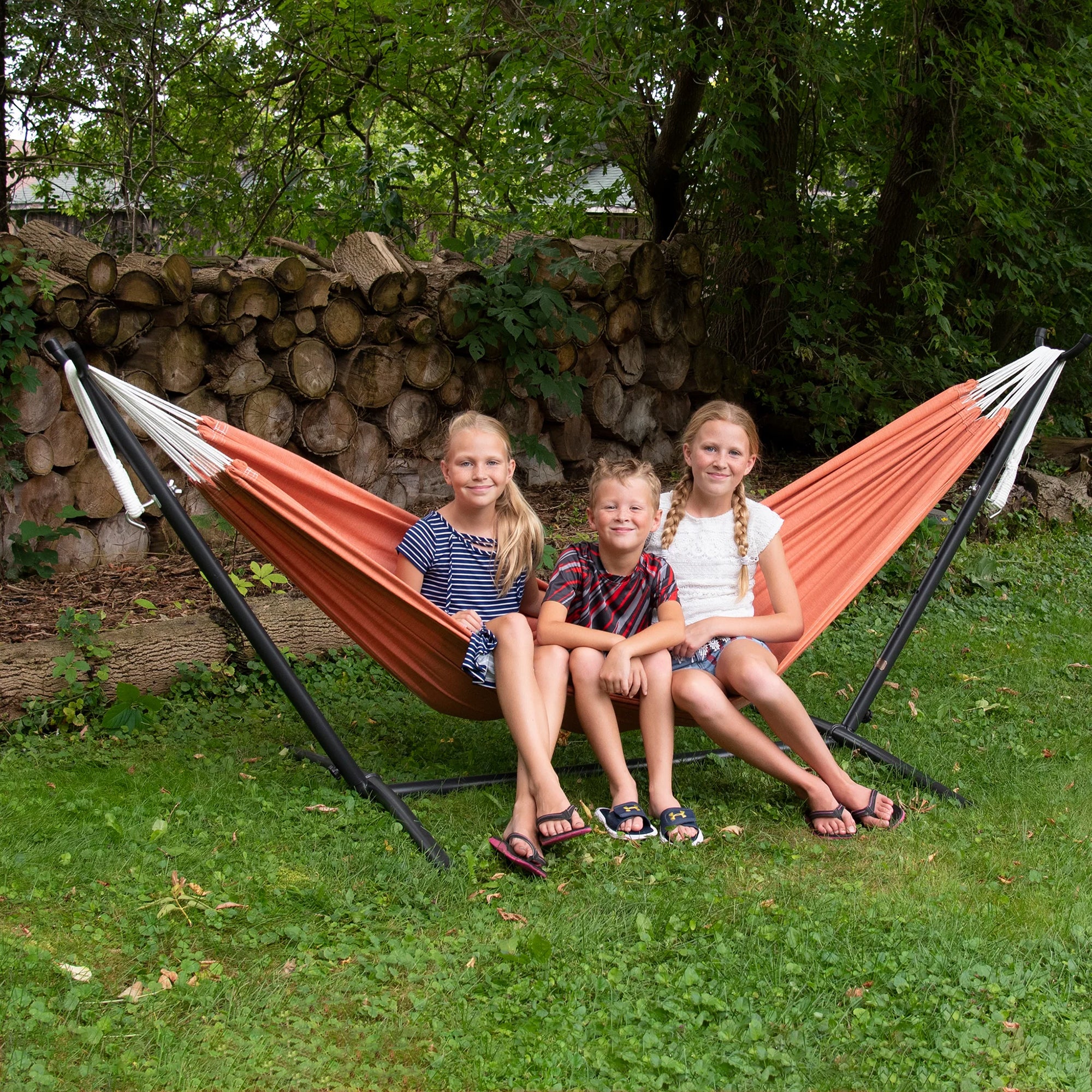 Vivere Double Sunbrella Hammock with Steel Stand, Portable Outdoor Lounge, Coral - VMInnovations