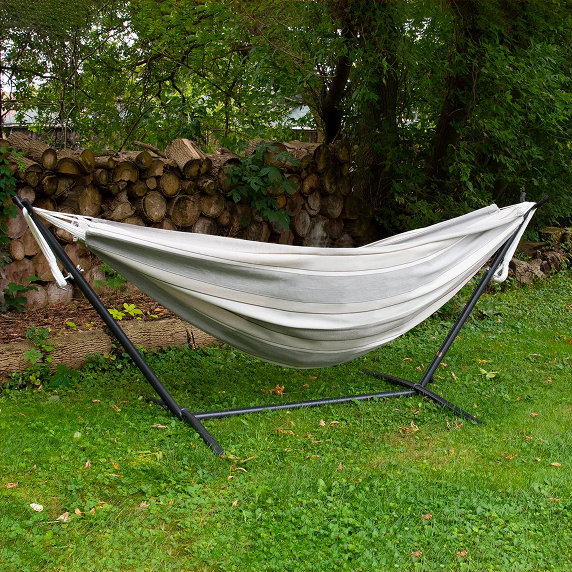 Vivere Double Sunbrella Hammock with Steel Stand, Portable Outdoor Lounge (Used)