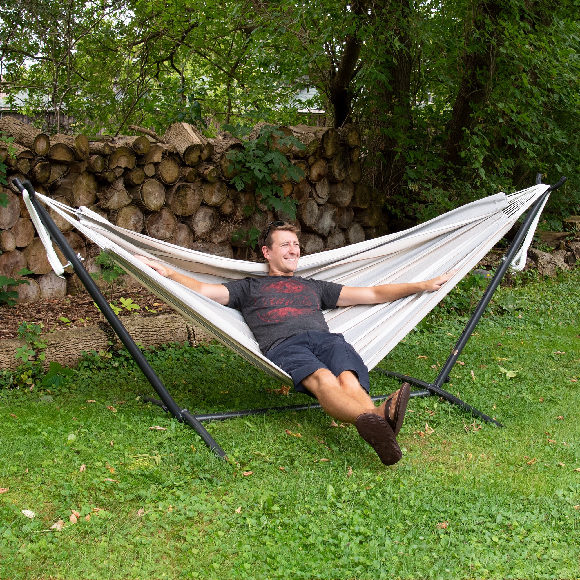 Vivere Double Sunbrella Hammock with Steel Stand, Portable Outdoor Lounge (Used)