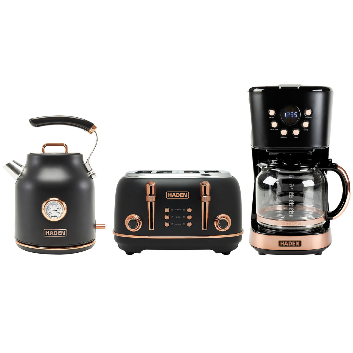 Haden Heritage Toaster & Dorset Electric Kettle & Coffee Machine, Black/Copper