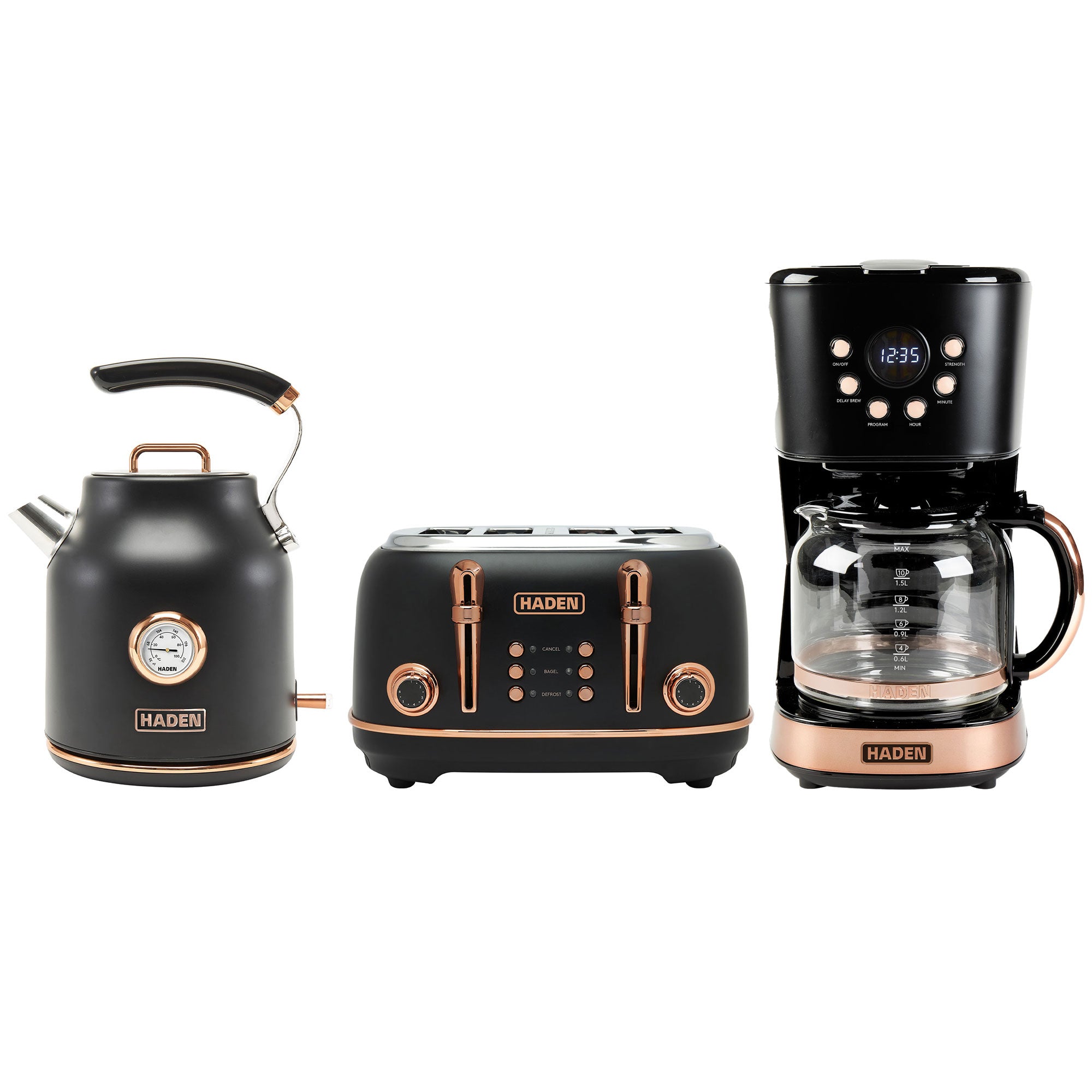 Haden Heritage Toaster & Dorset Electric Kettle & Coffee Machine, Black/Copper - VMInnovations