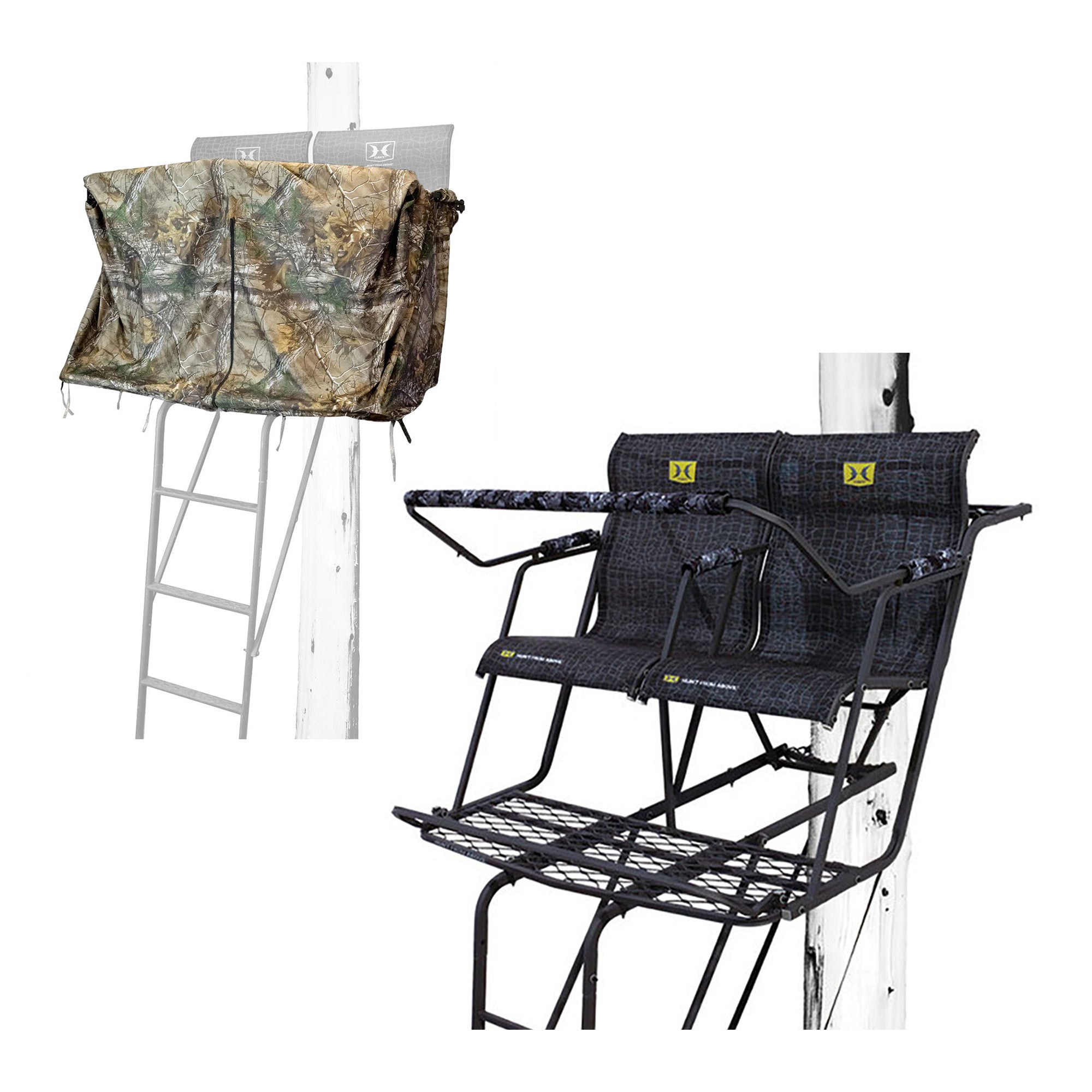 Hawk Big Denali 2 Man Climbing Tree Stand & 2 Man Ladder Tree Stand Blind, Black - VMInnovations