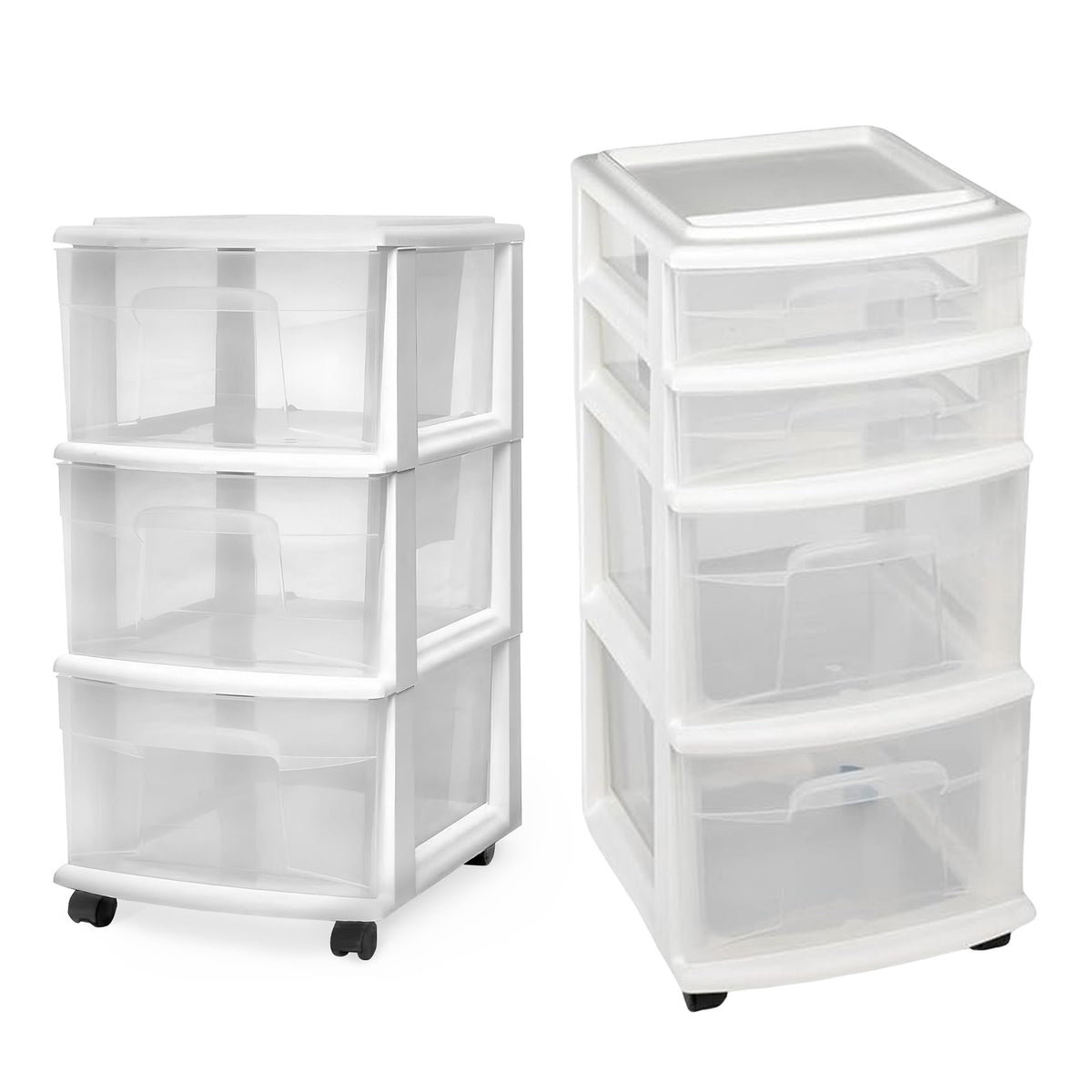 Homz Clear Plastic 4 Drawer Medium Storage Container Tower & 3 Tier Unit, White