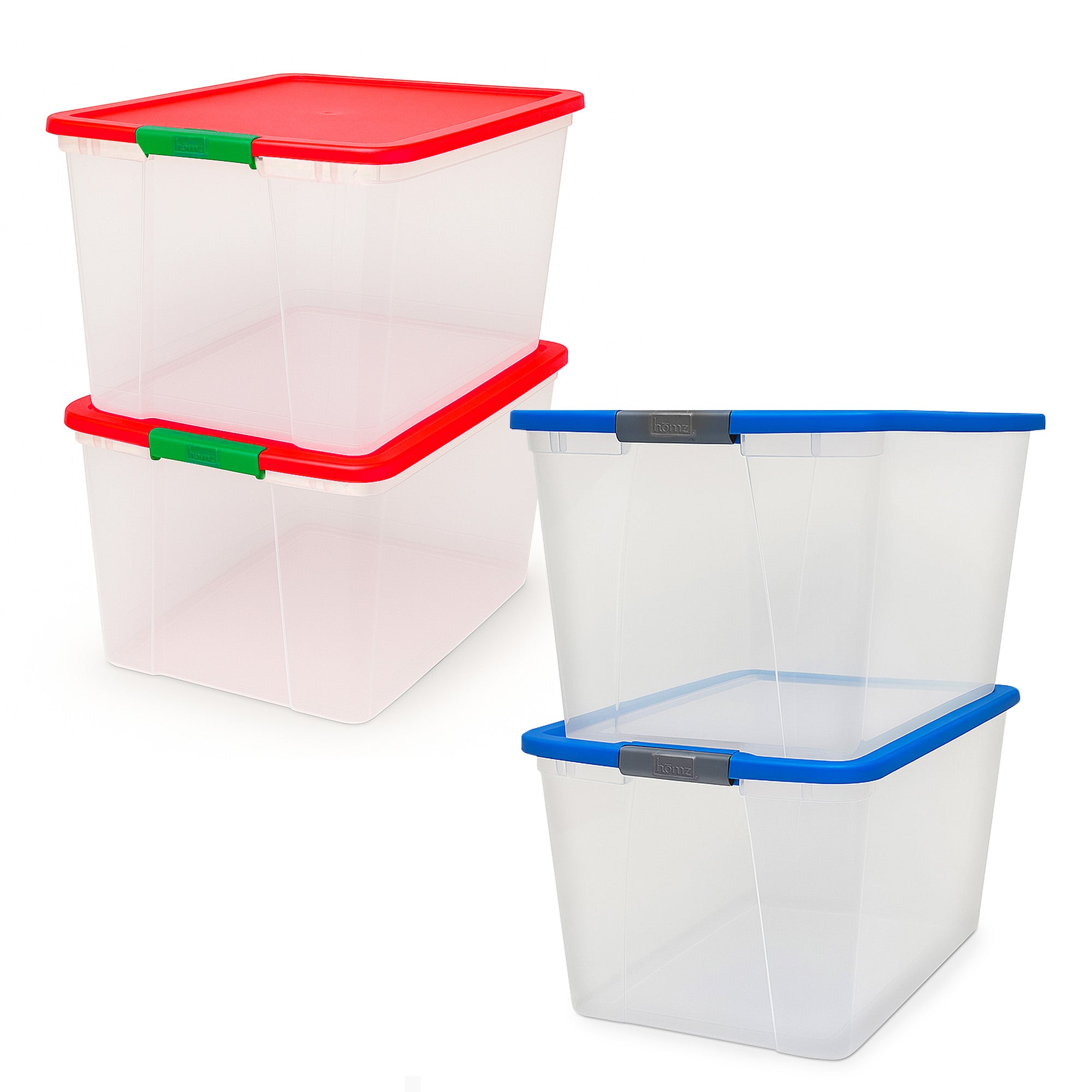 HOMZ 64 Qt Storage Container Blue Lid 2 Pack & 64 Qt Clear Bin Red Lid 2 Pack - VMInnovations