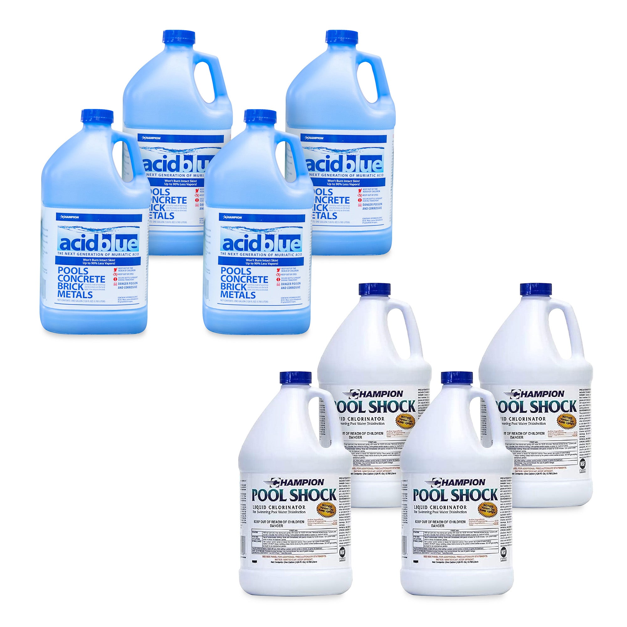 Champion Acid Blue 4 Pack Muriatic Acid & Champion 4 Pack Pool Shock Liquid