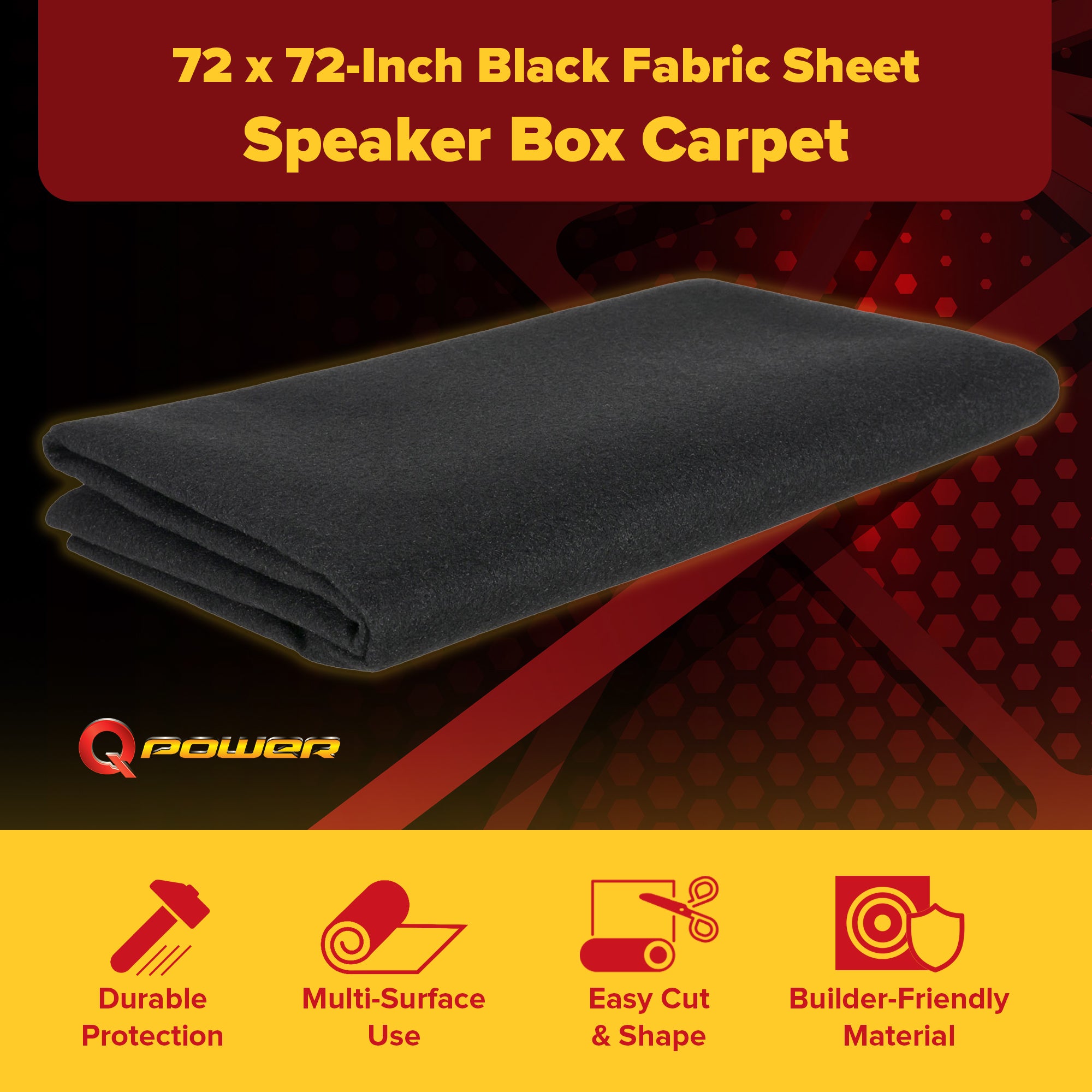 QPower Speaker Box Carpet, 72" x 72" Fabric Sheet for Car Audio Builds, Black