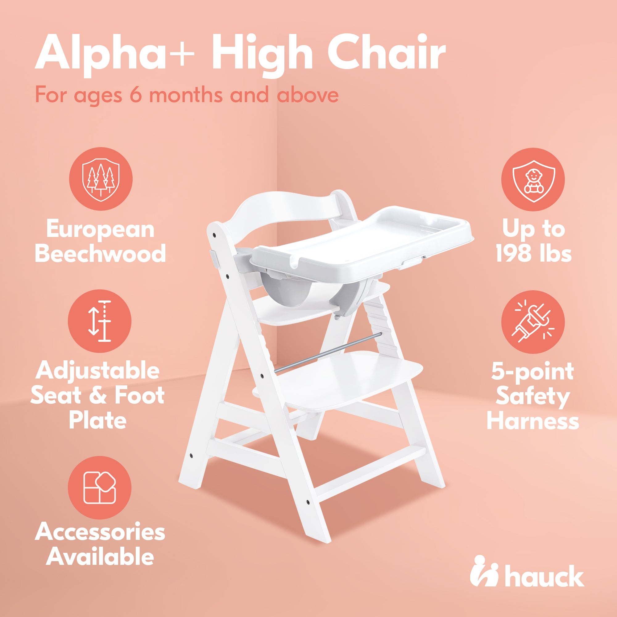 hauck Alpha+ Adjustable Booster High Chair and High Chair Tray Table, White