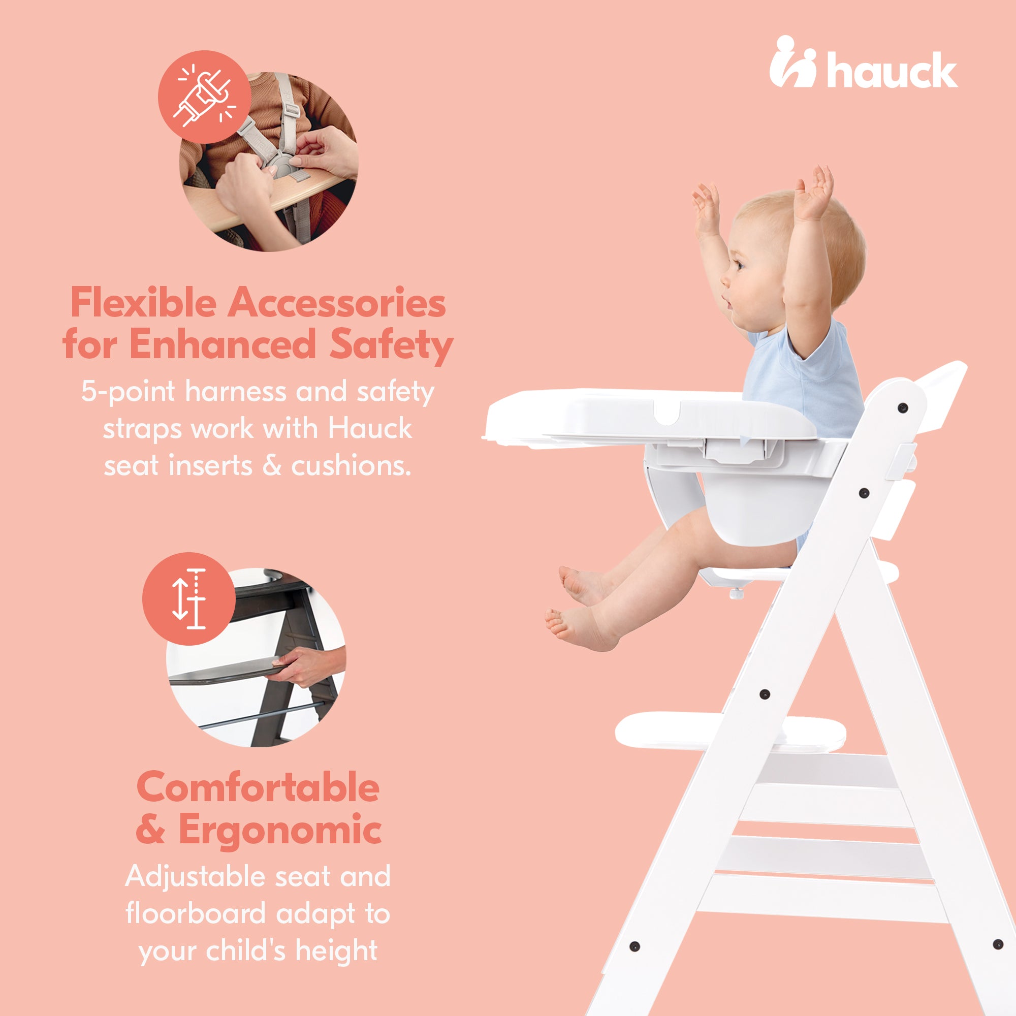 hauck Alpha+ Adjustable Booster High Chair and High Chair Tray Table, White