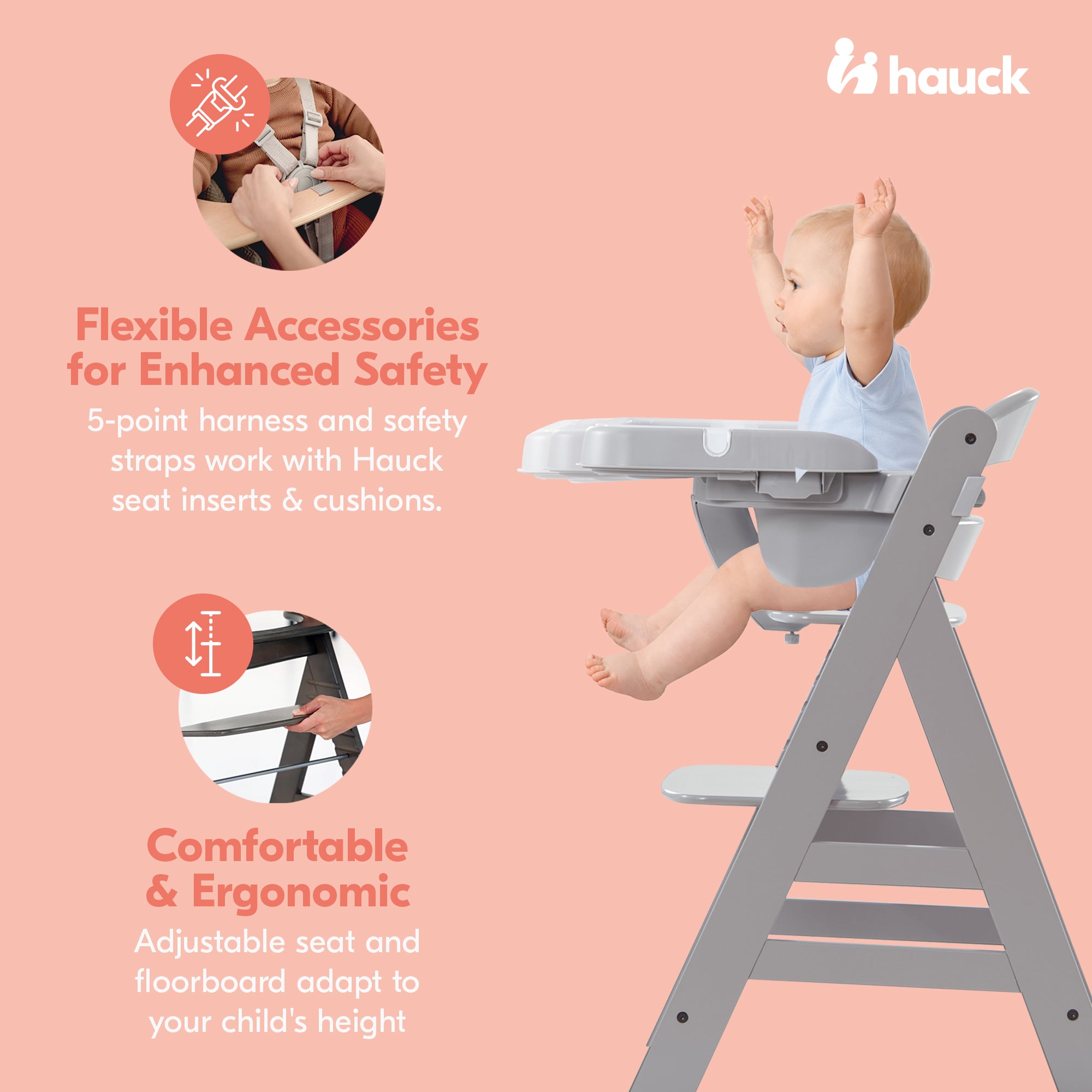 hauck Alpha+ Adjustable Booster High Chair and High Chair Tray Table, Grey