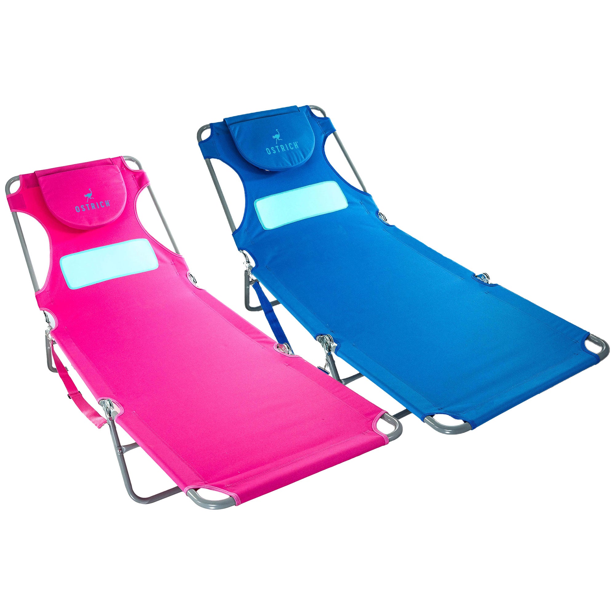 Ostrich 2 Pack Ladies Comfort Lounger, Beach Camping Tanning Chair Blue/Pink