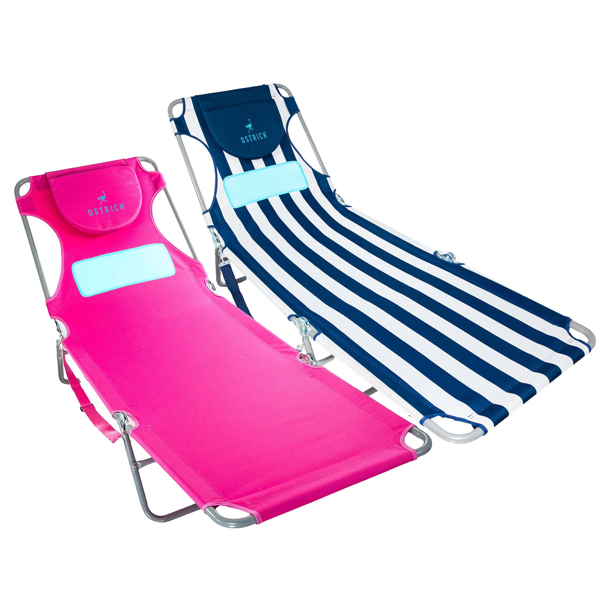 Ostrich 2 Pack Ladies Comfort Lounger, Beach Camping Tanning Chair Blue/Pink