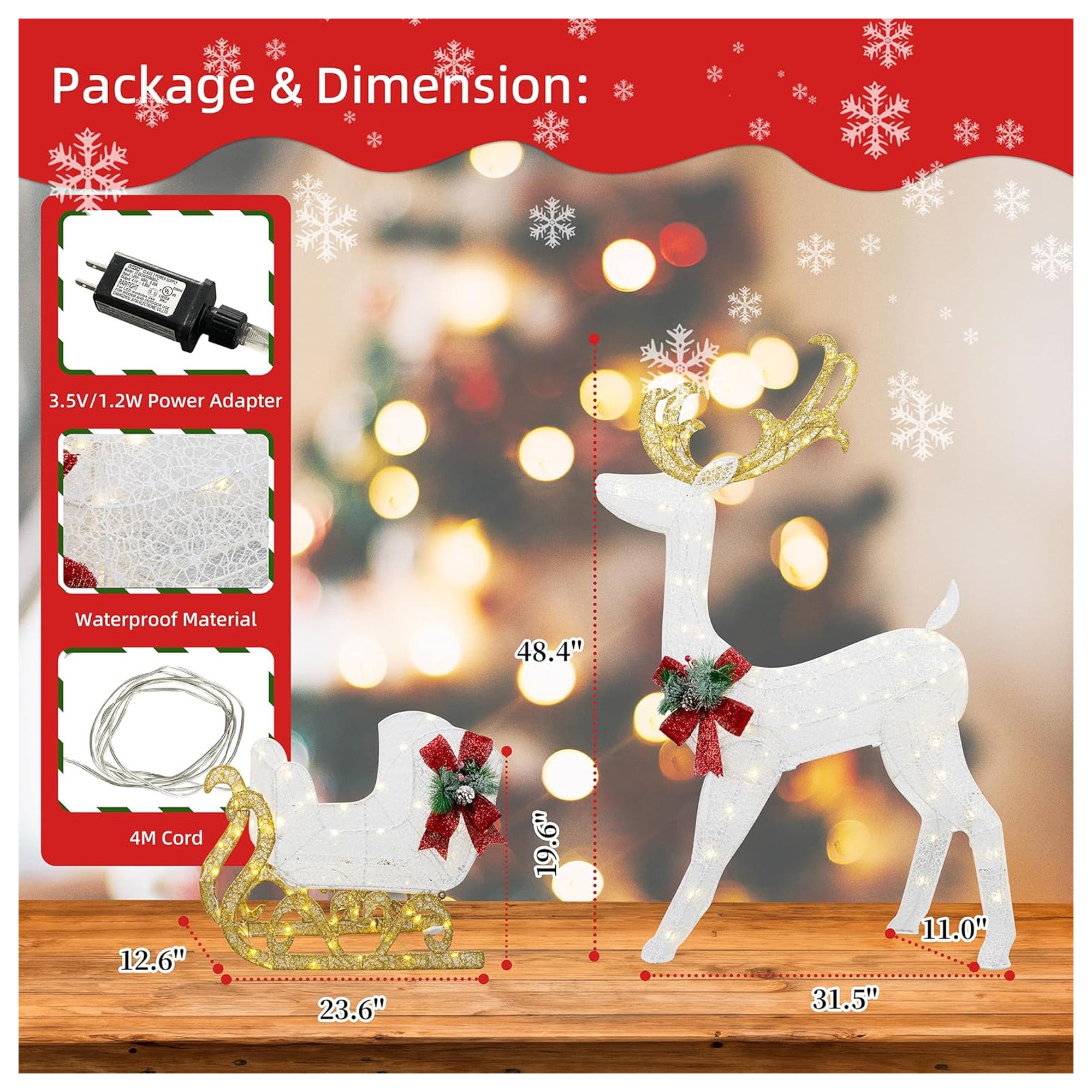 DL-win Christmas Reindeer and Sleigh Outdoor Lighted Decoration Set, White(Used) - VMInnovations