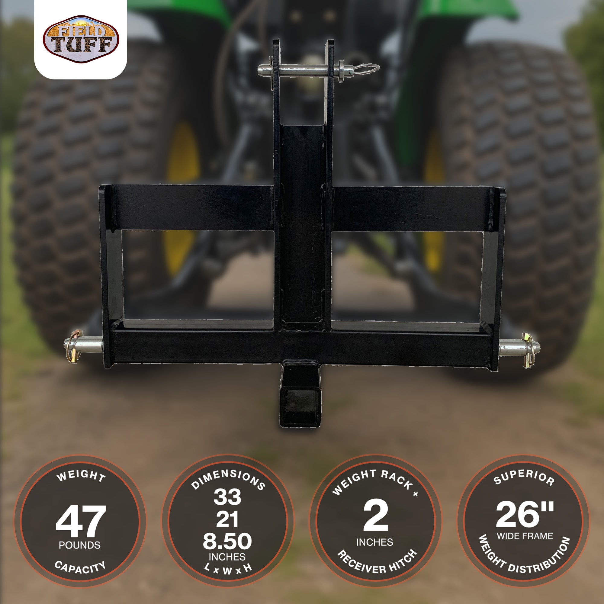 Field Tuff Heavy-Duty Tractor Hitch, 2" Receiver Suitcase Weight Holder, Black - VMInnovations