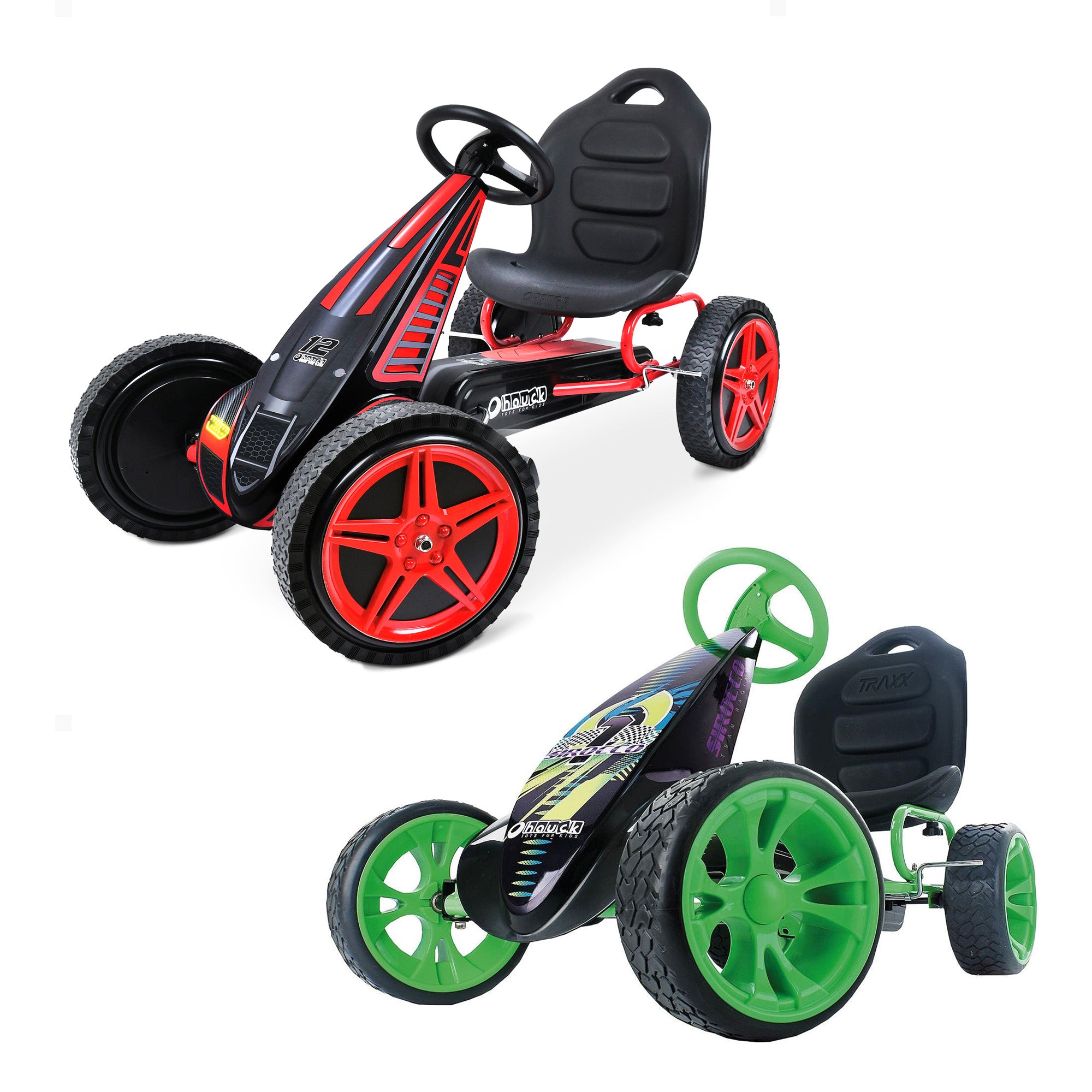 hauck Sirocco Racing Clutch Free Go Kart, Green & Hurricane Racing Go Kart, Red