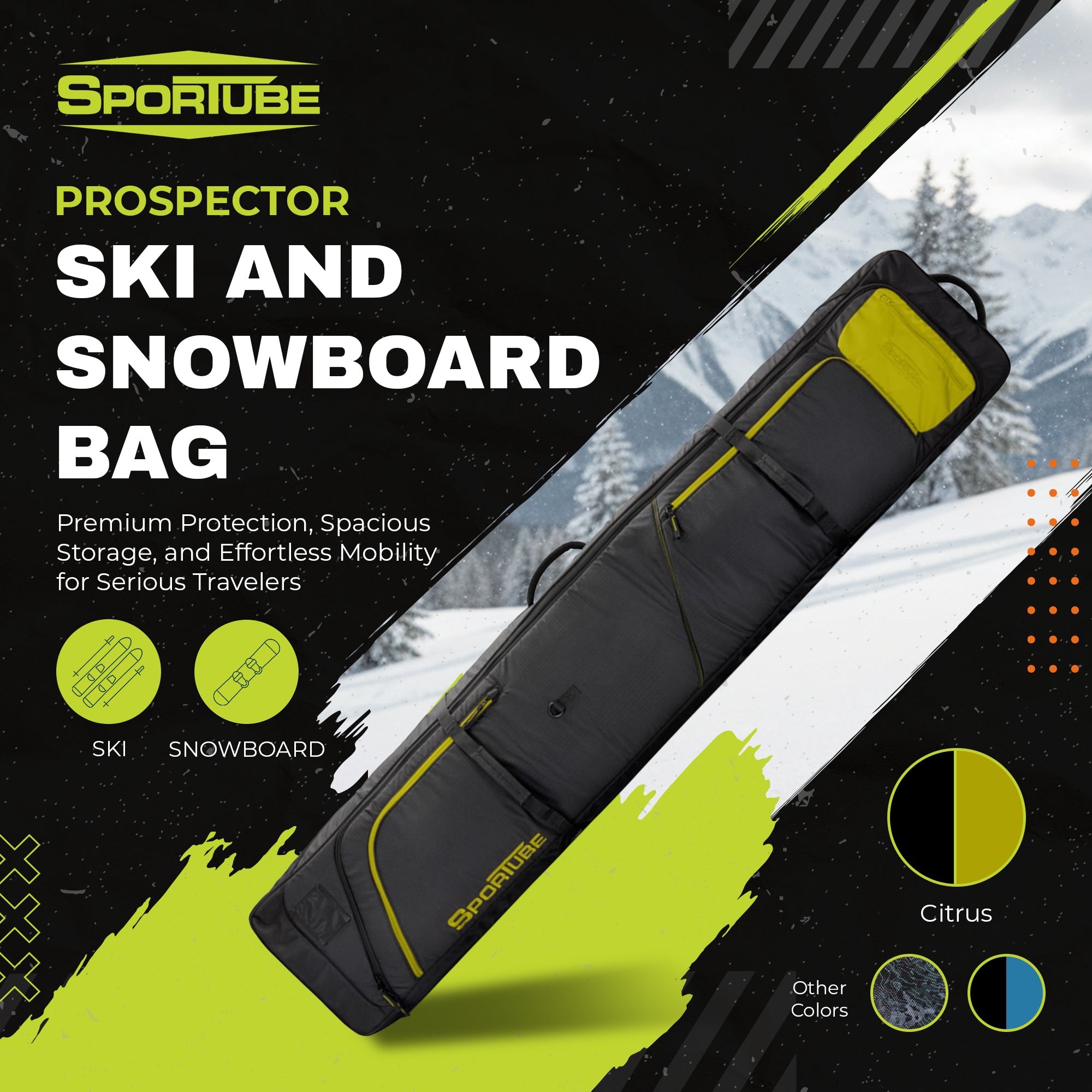 Sportube Prospector XL Ski and Snowboard Bag with Wheels and Removable Dividers - VMInnovations