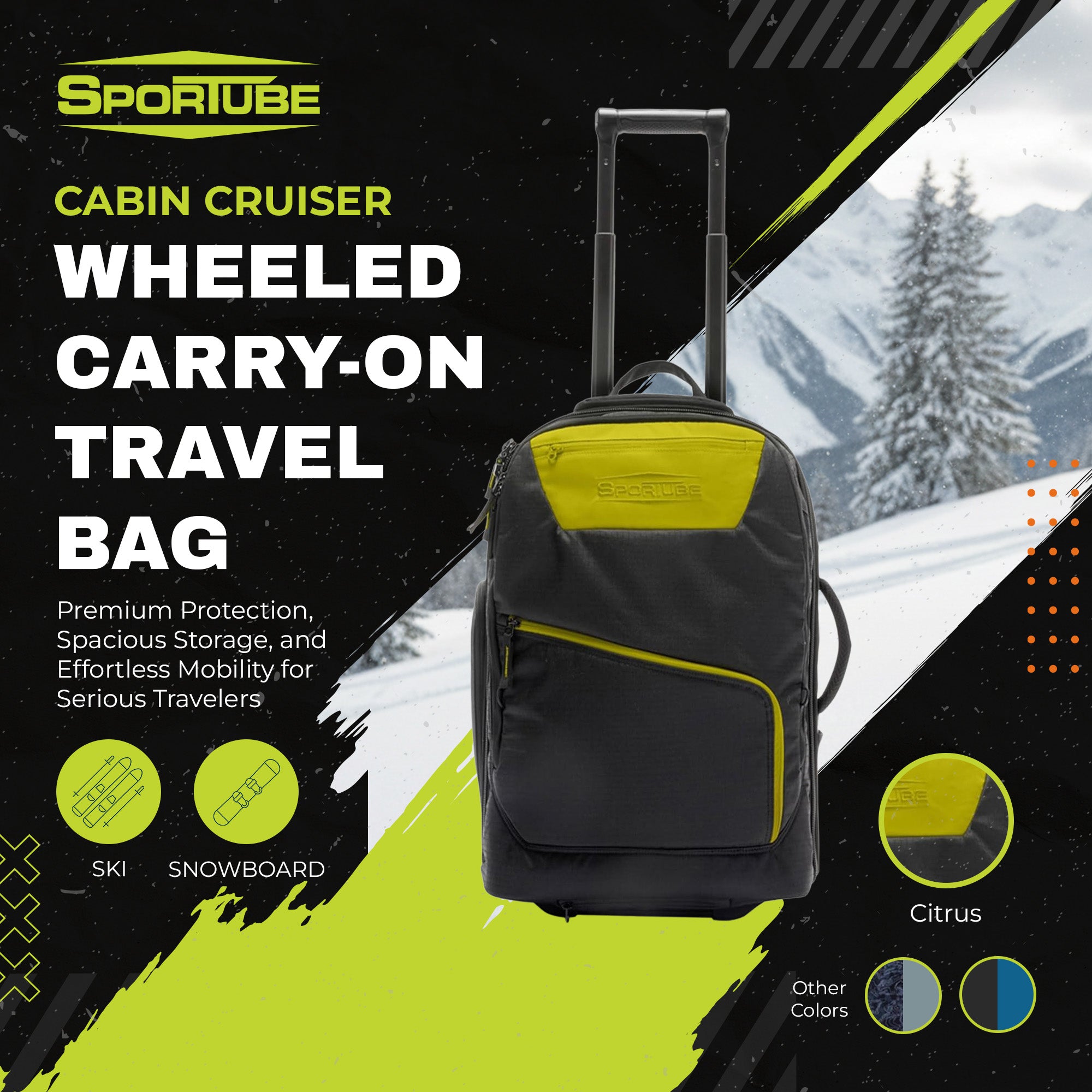 Sportube Cabin Cruiser Wheeled Carry-On Boot Bag, Padded Travel Gear, Citrus - VMInnovations