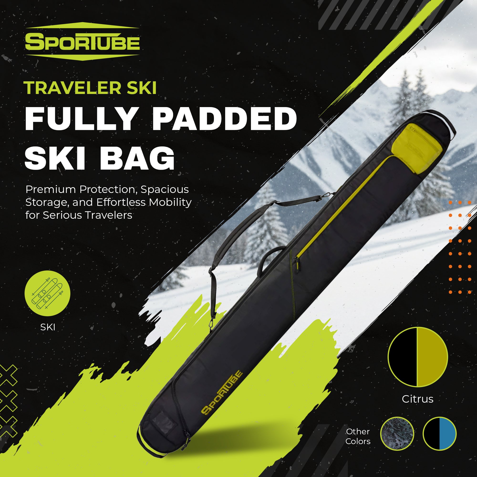 Sportube Traveler Lightweight Fully Padded Single Pair Ski Bag w/ Storage Pocket - VMInnovations