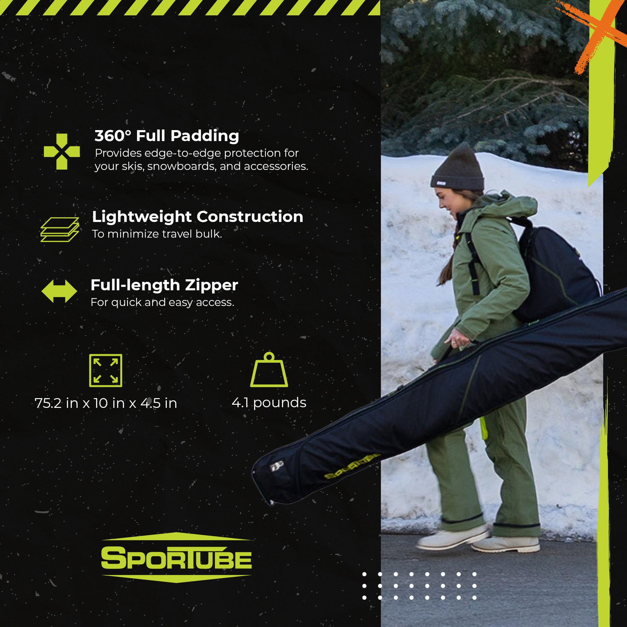 Sportube Traveler Lightweight Fully Padded Single Pair Ski Bag w/ Storage Pocket - VMInnovations