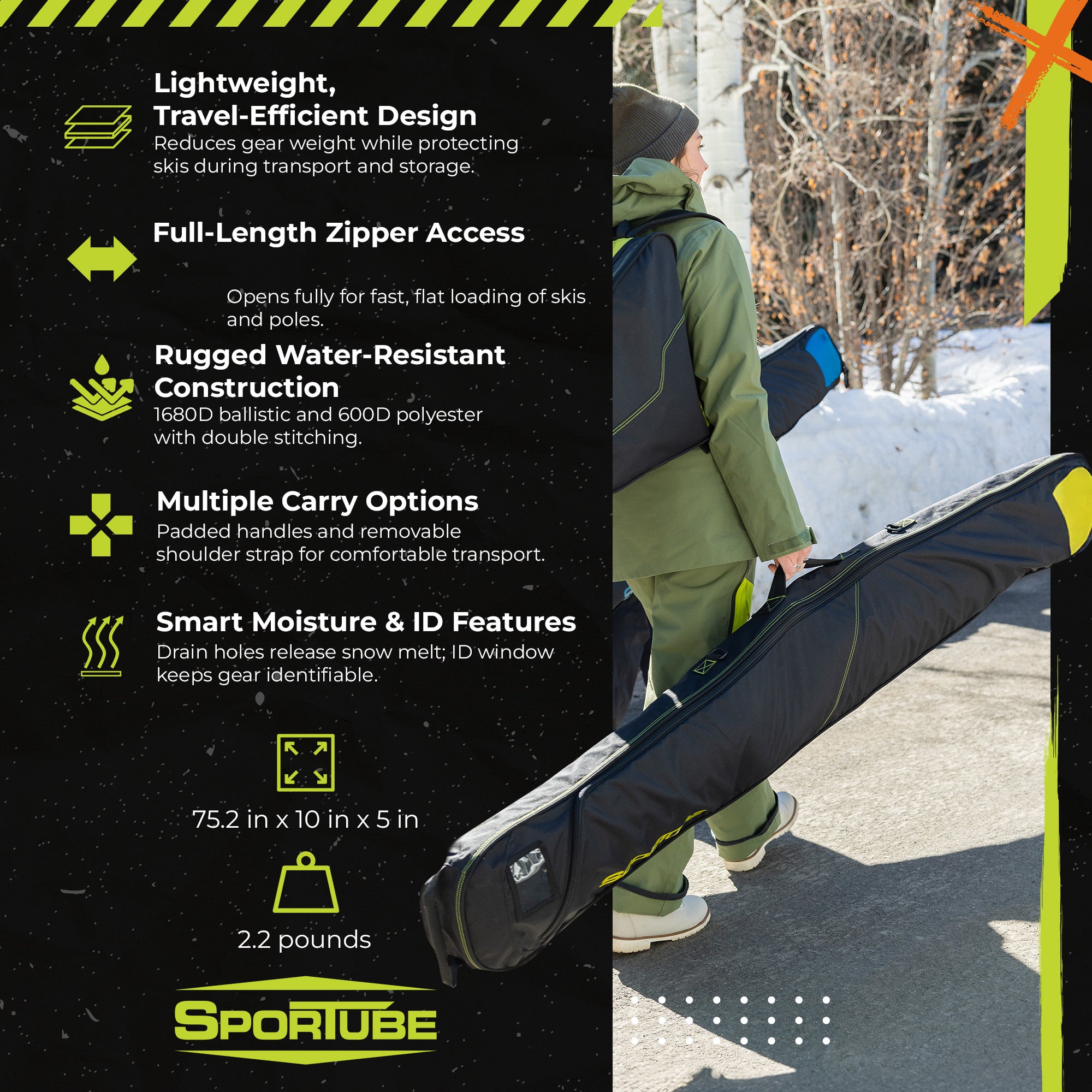 Sportube Wanderer Ski Sleeve Lightweight Bag with Full-Length Zipper Compartment - VMInnovations