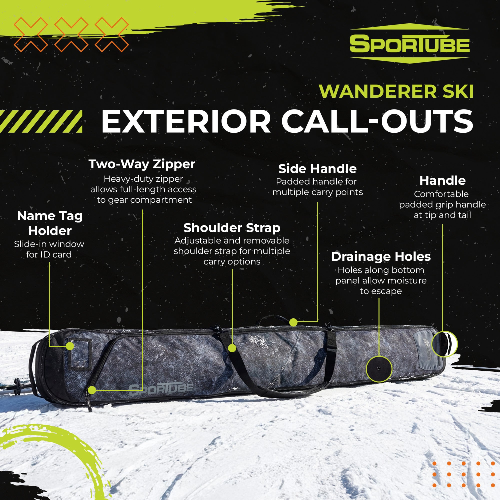 Sportube Wanderer Ski Sleeve Lightweight Bag with Full-Length Zipper Compartment - VMInnovations