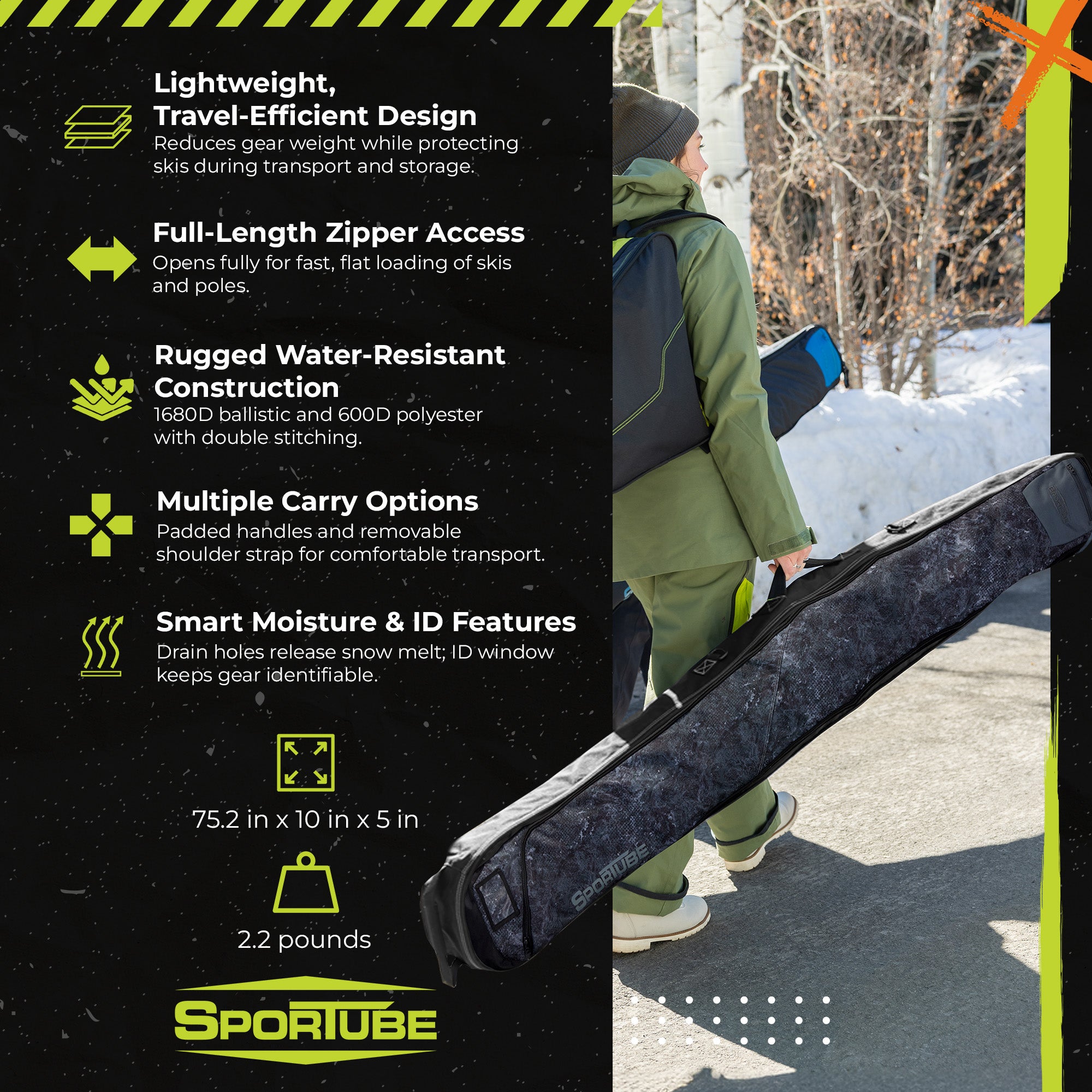 Sportube Wanderer Ski Sleeve Lightweight Bag with Full-Length Zipper Compartment - VMInnovations