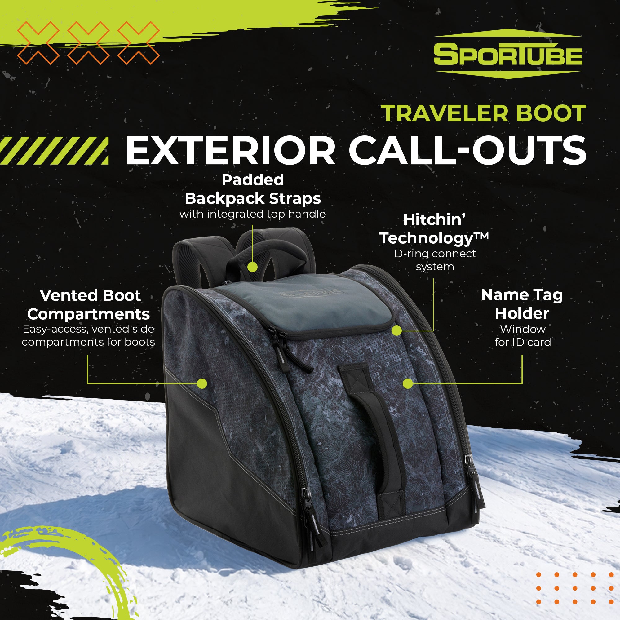 Sportube Traveler Boot Bag, 45L Ski & Snowboard Gear Backpack, Graphite Topo - VMInnovations
