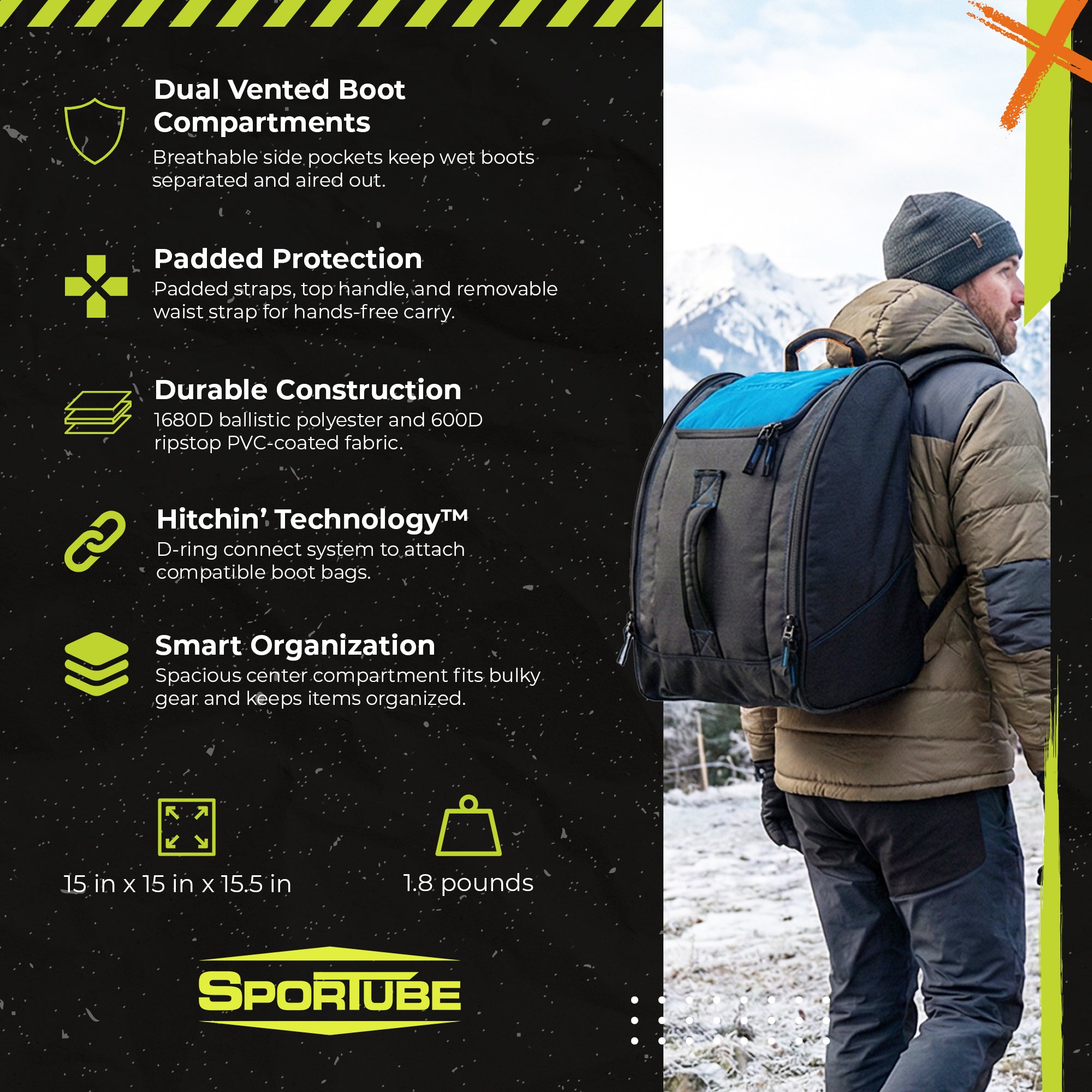 Sportube Wanderer Boot Bag, 50L Ski & Snowboard Gear Backpack for Travel, Azure - VMInnovations