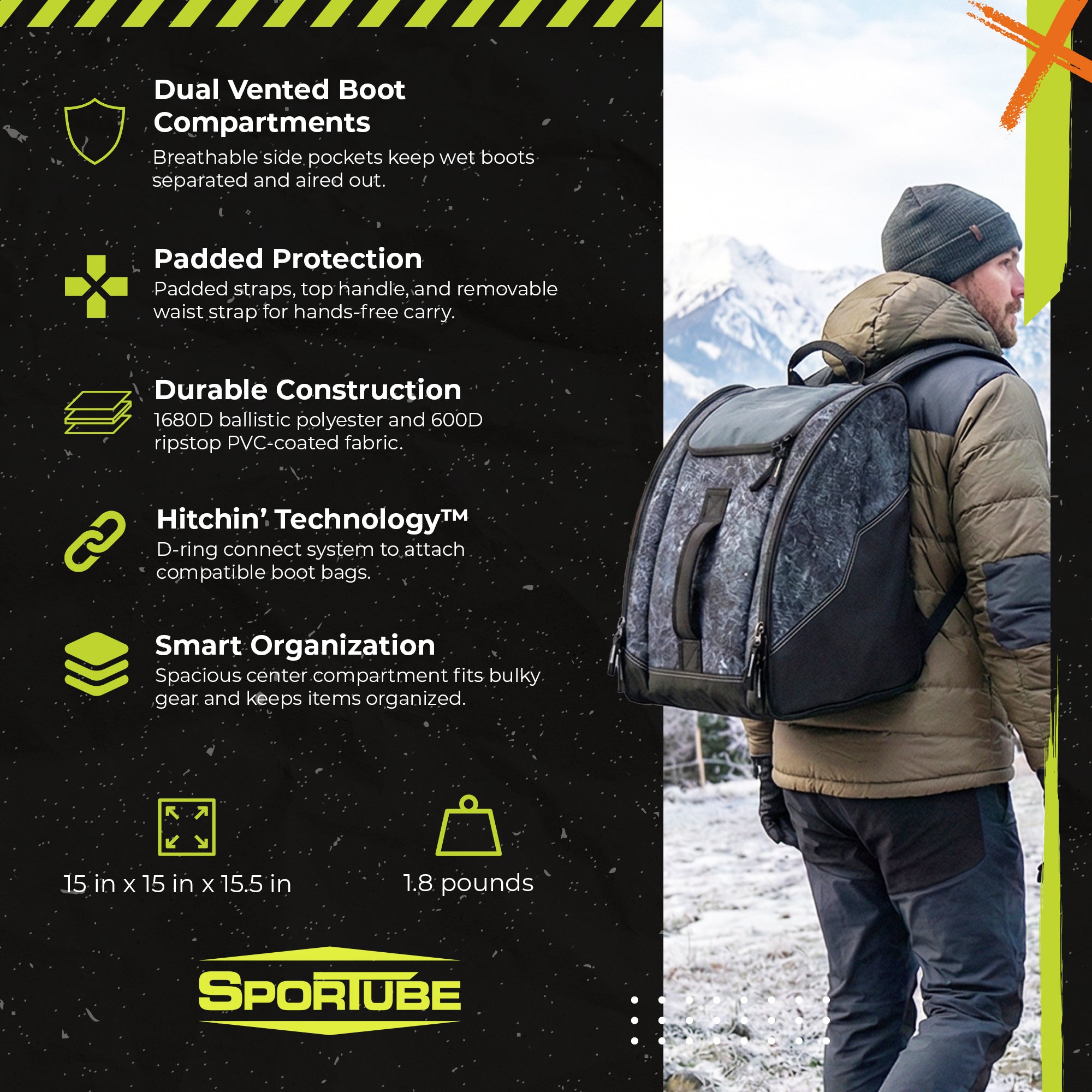 Sportube Wanderer Boot Bag, 50L Ski & Snowboard Gear Backpack, Graphite Topo - VMInnovations