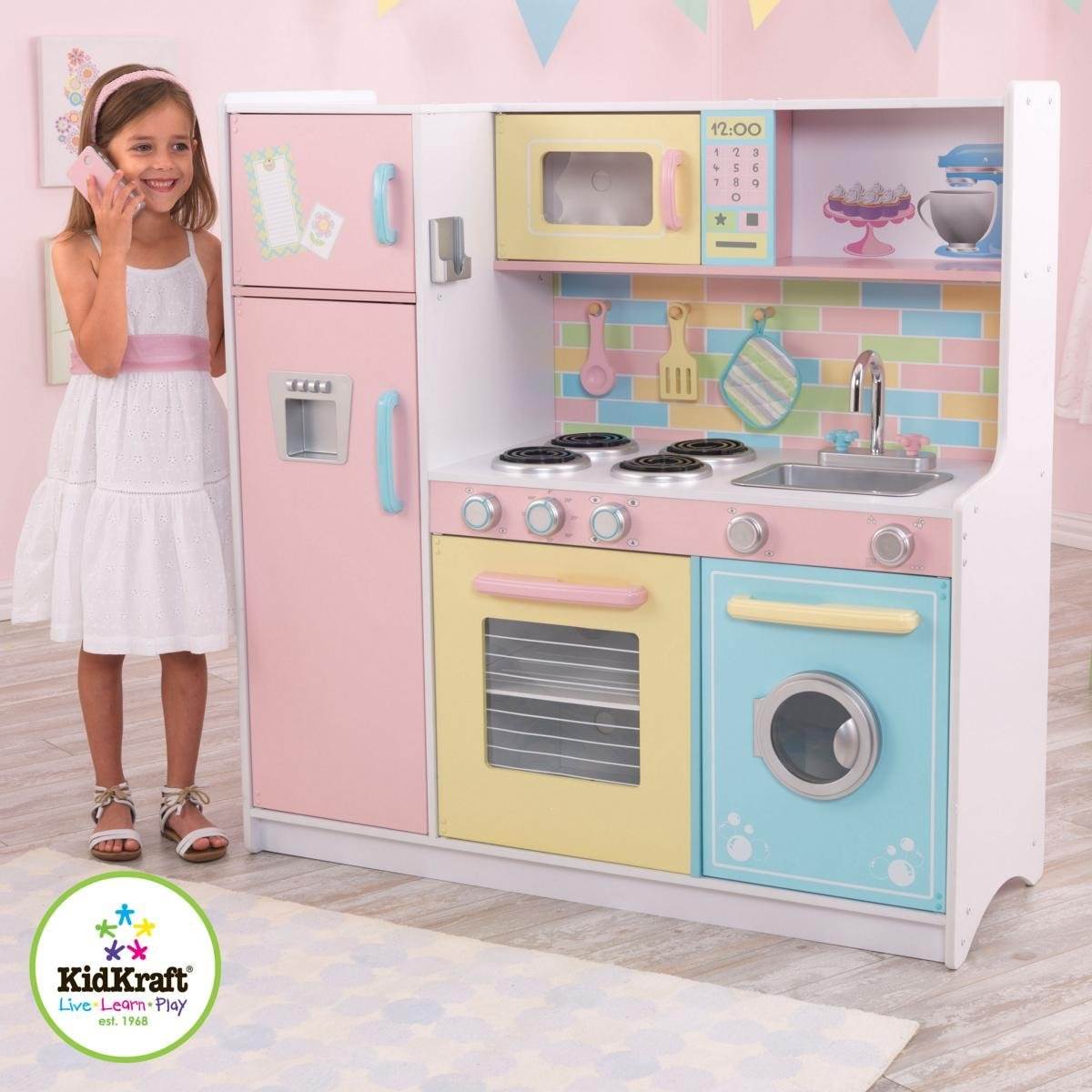 KidKraft Deluxe Pastel Children Pretend Play Kids Wood Kitchen |53336 - Open Box