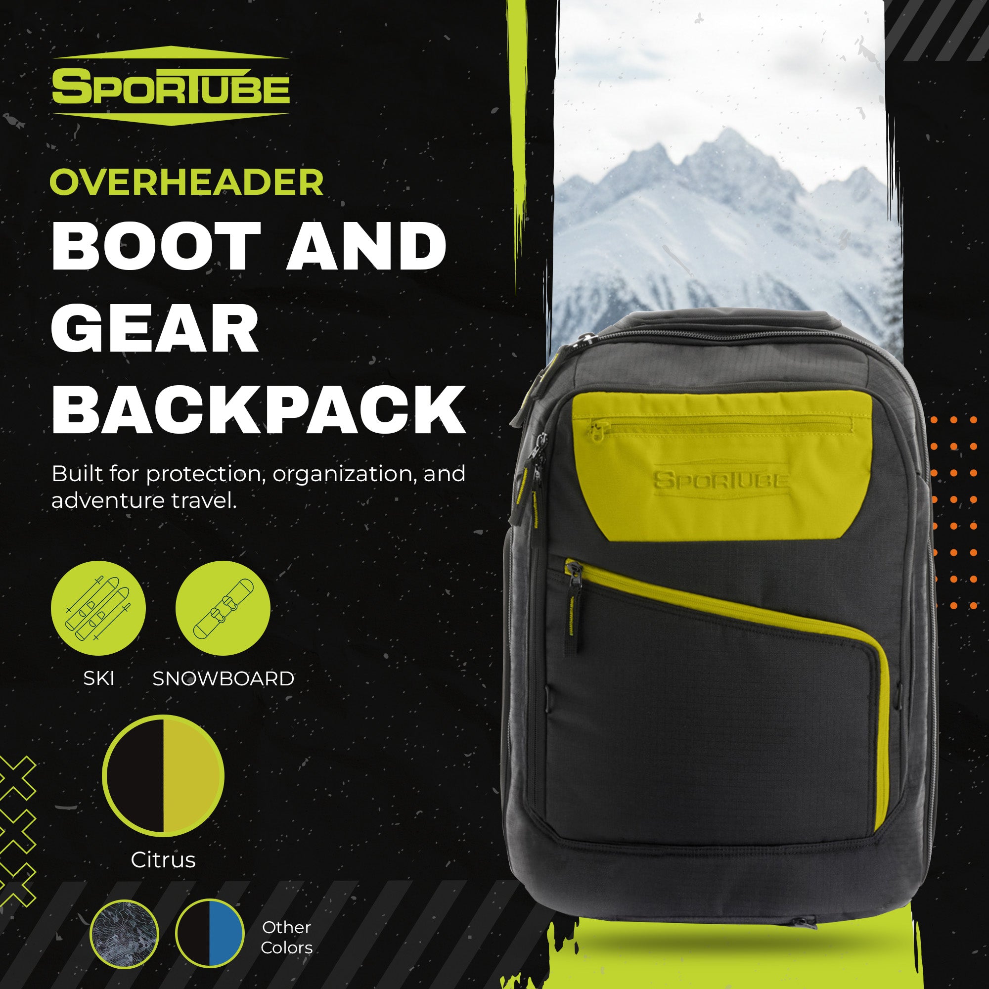 Sportube Overheader Boot and Gear Backpack, Carry-on Travel Bag, Citrus - VMInnovations