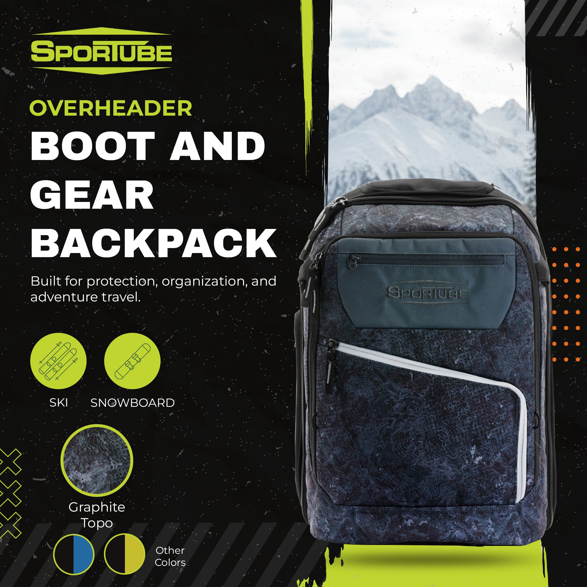 Sportube Overheader Boot and Gear Backpack, Carry-on Travel Bag, Graphite Topo