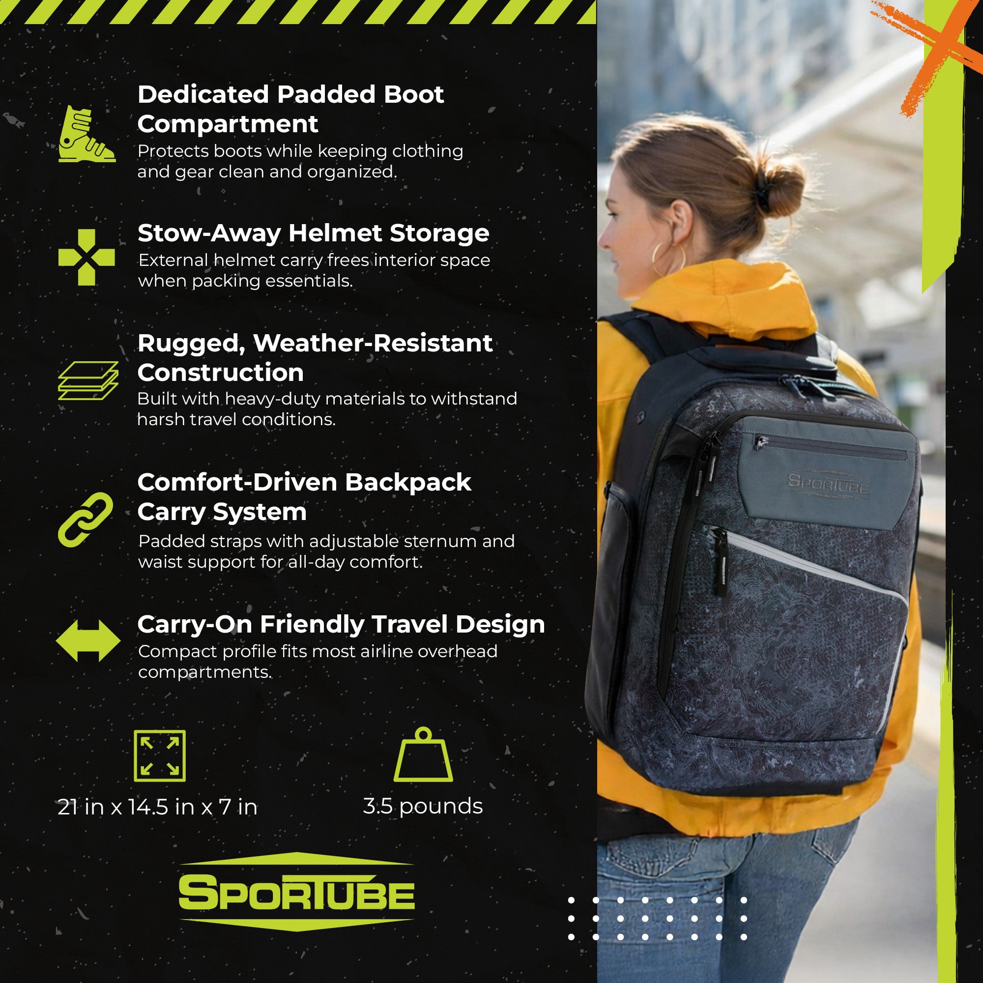 Sportube Overheader Boot and Gear Backpack, Carry-on Travel Bag, Graphite Topo