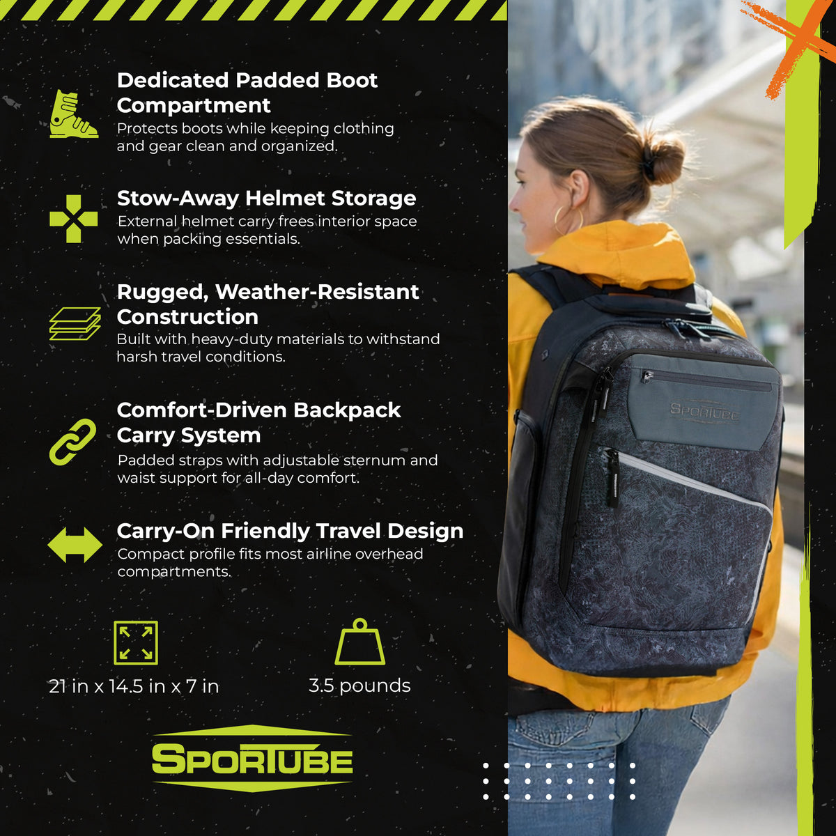 Sportube Overheader Boot and Gear Backpack, Carry-on Travel Bag, Graphite Topo