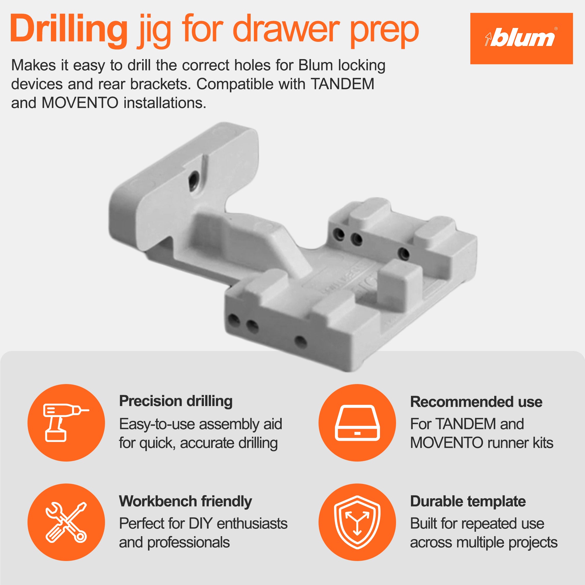 Blum Concealed Runner Drilling Template (Jig), Assembly Aid for Drawer Preparation with TANDEM plus BLUMOTION Undermount Runners, Light Gray