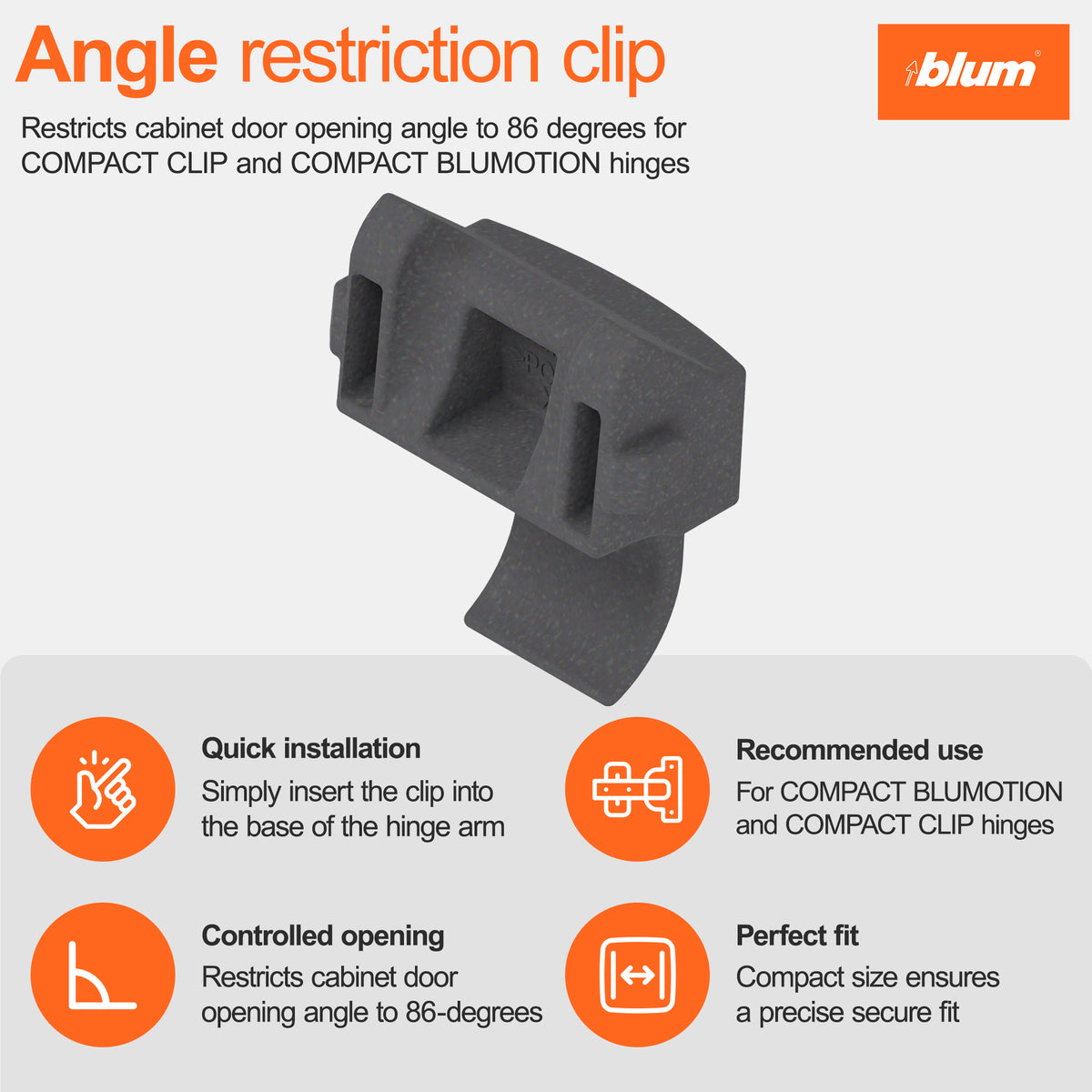 Blum 86° Opening Angle Restriction Clip, 15 Pack of 10 Clips, Plastic, Deep Gray - VMInnovations