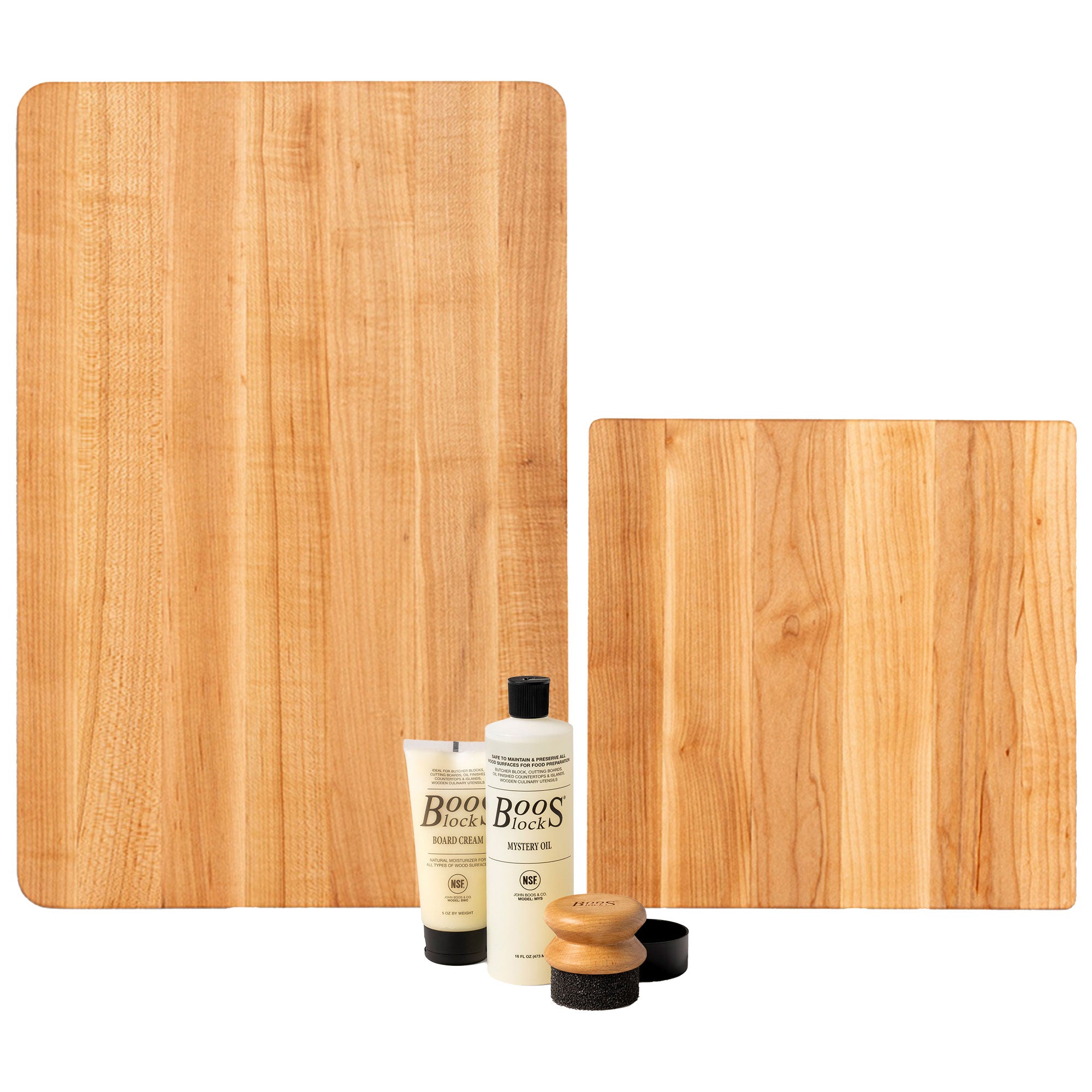 John Boos Maple 18" x 12" and 10" x 10" Carving Boards with 3 Piece Care Set - VMInnovations